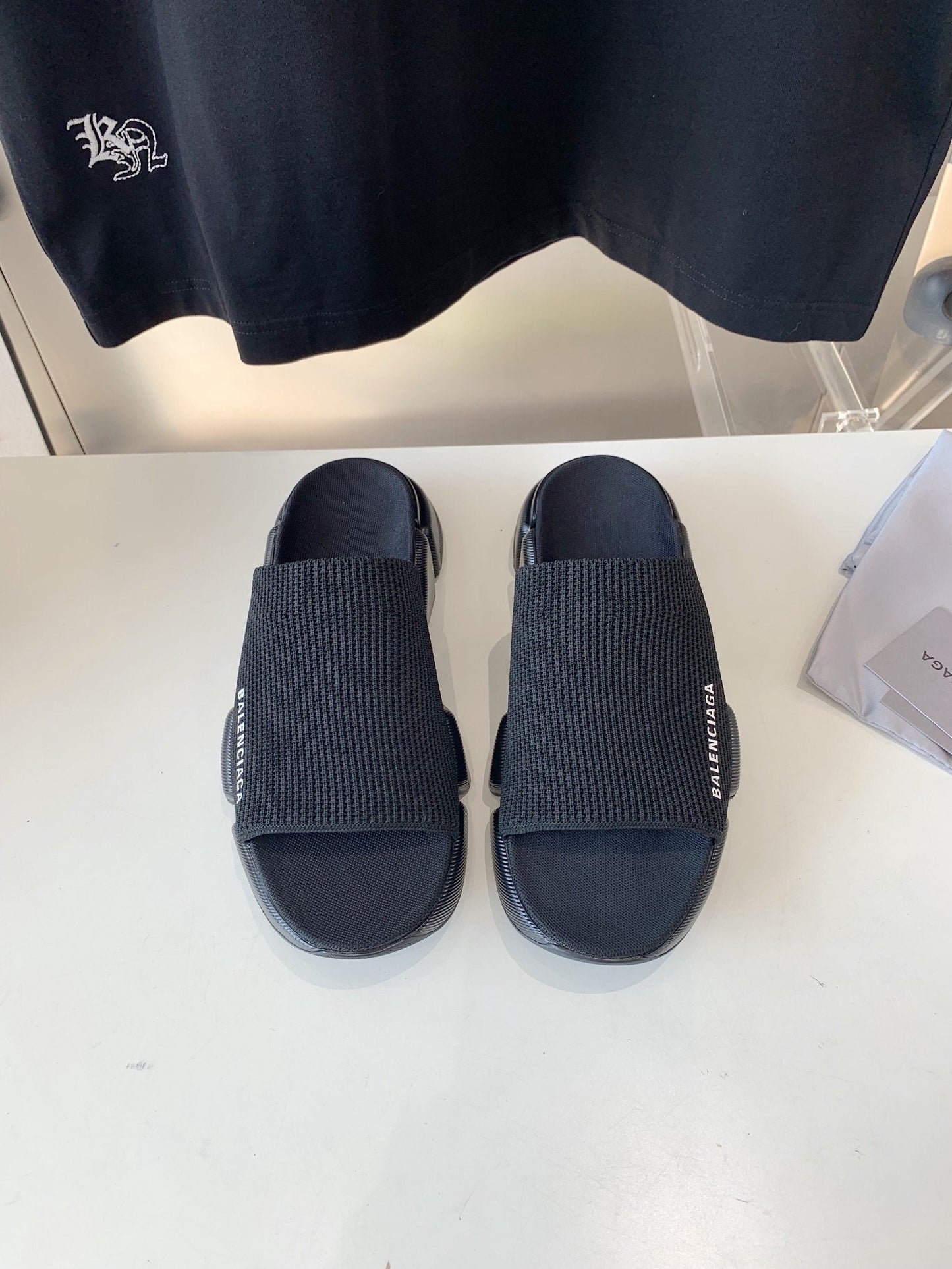 Balanciaga SPEED 2.0 SLIDE SANDAL IN BLACK RECYCLED KNIT AND BLACK SOLE