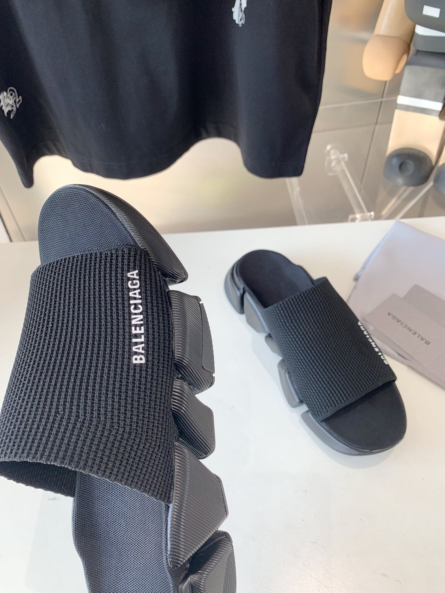 Balanciaga SPEED 2.0 SLIDE SANDAL IN BLACK RECYCLED KNIT AND BLACK SOLE