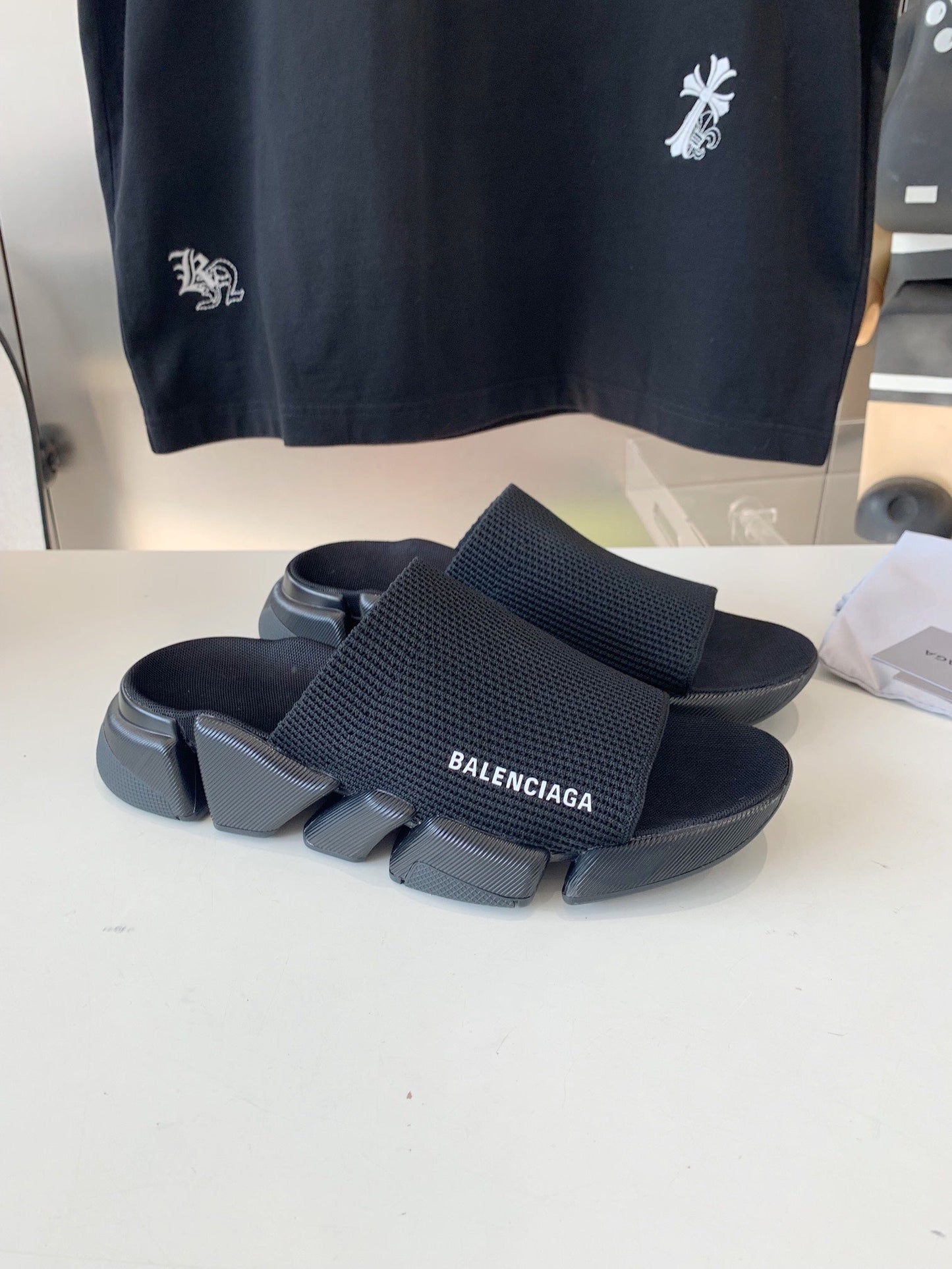 Balanciaga SPEED 2.0 SLIDE SANDAL IN BLACK RECYCLED KNIT AND BLACK SOLE