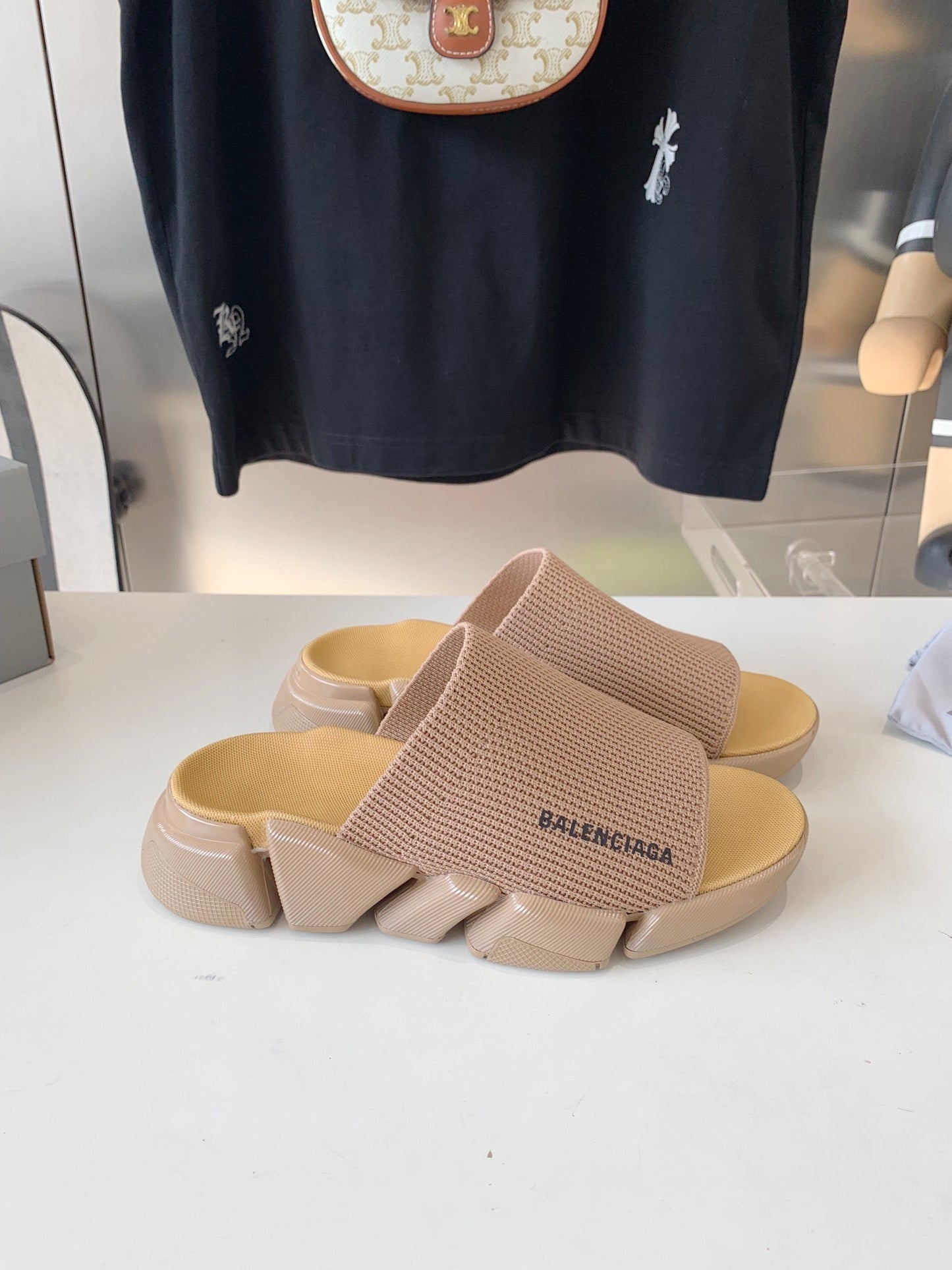 Balanciaga SPEED 2.0 SLIDE SANDAL IN BEIGE RECYCLED KNIT