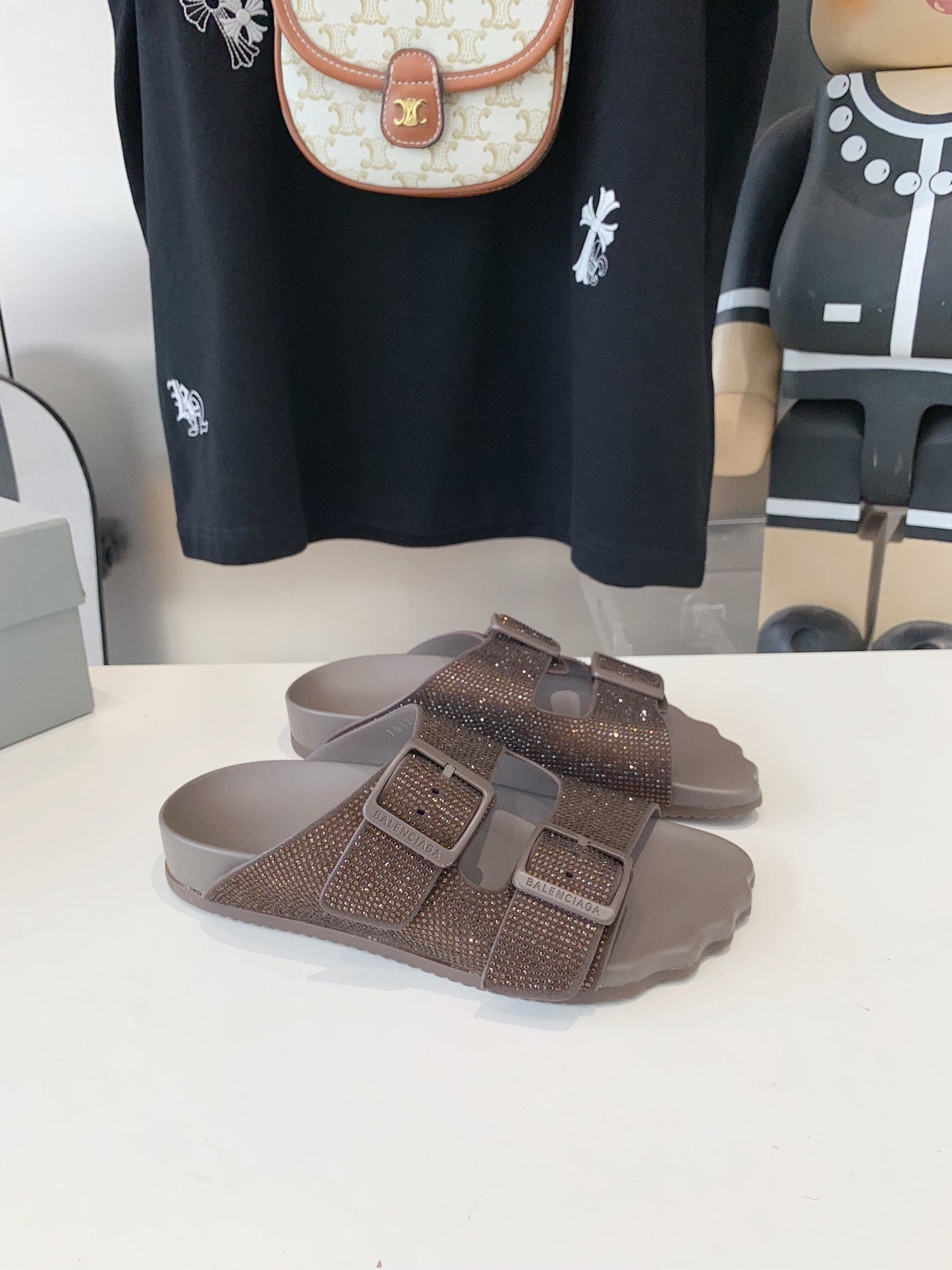 Balanciaga BIRKENSTOCK SLIPPERS ATTACHED RHINESTONES IN BROWN CALFSKIN