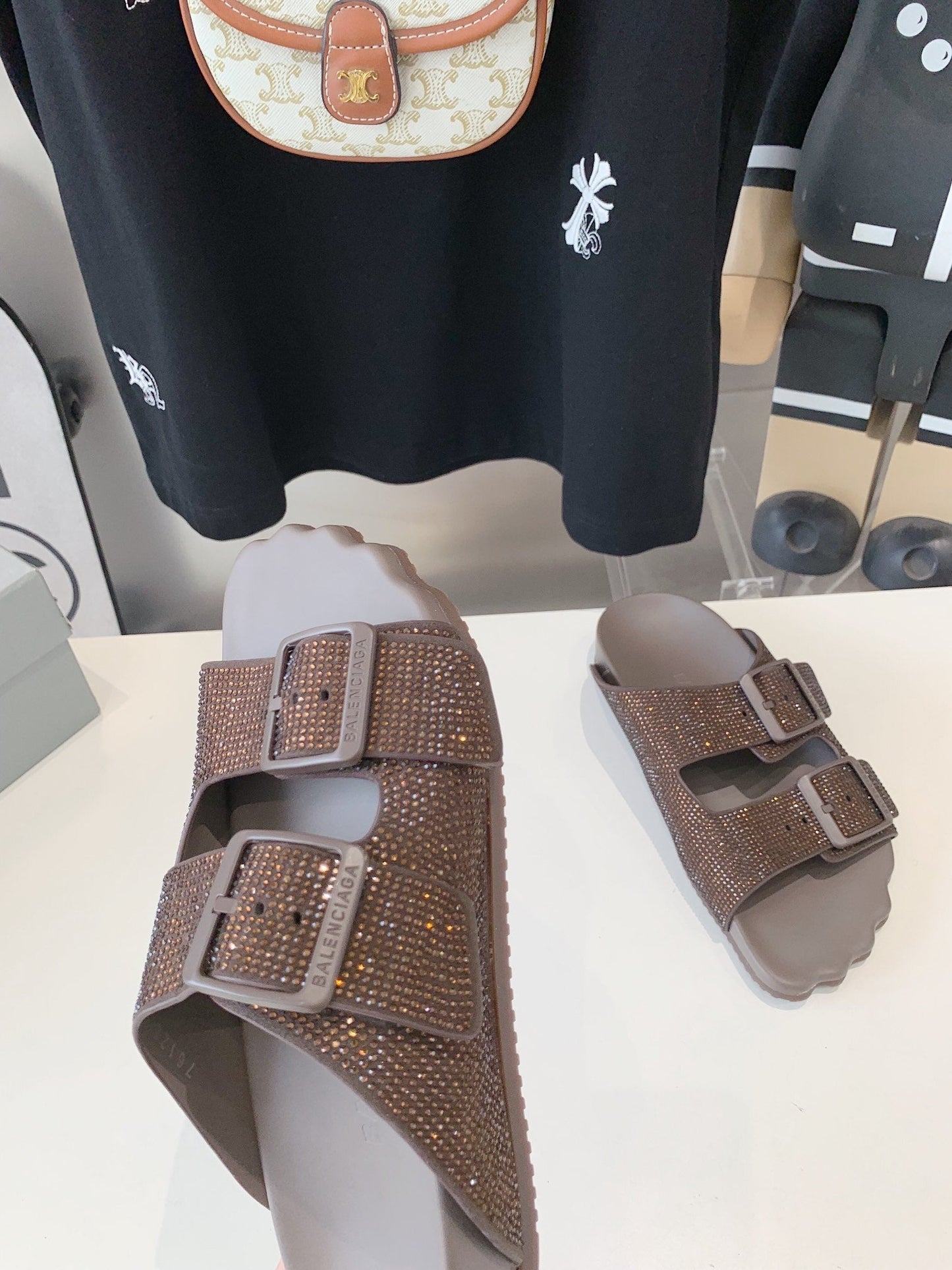 Balanciaga BIRKENSTOCK SLIPPERS ATTACHED RHINESTONES IN BROWN CALFSKIN