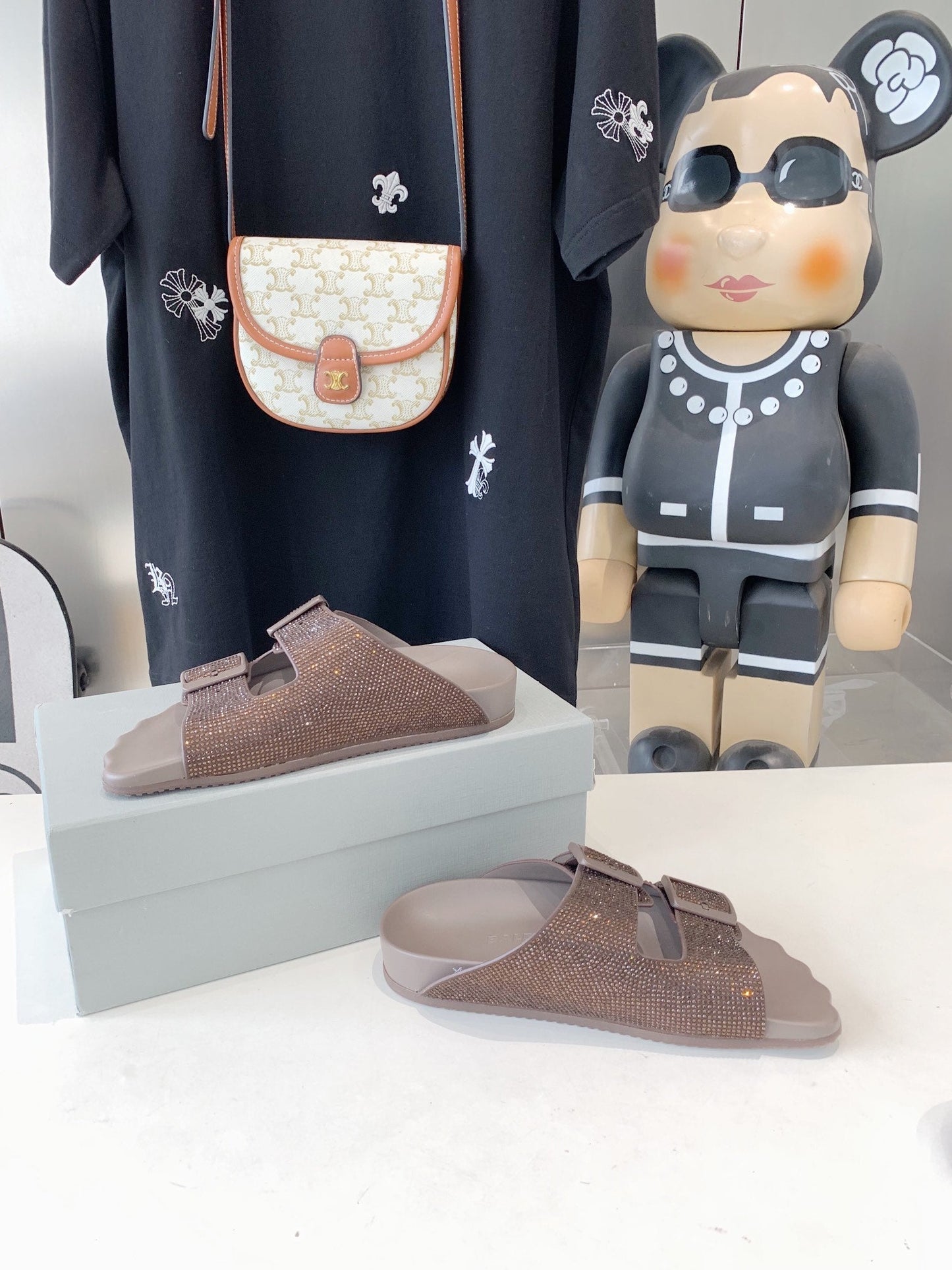 Balanciaga BIRKENSTOCK SLIPPERS ATTACHED RHINESTONES IN BROWN CALFSKIN