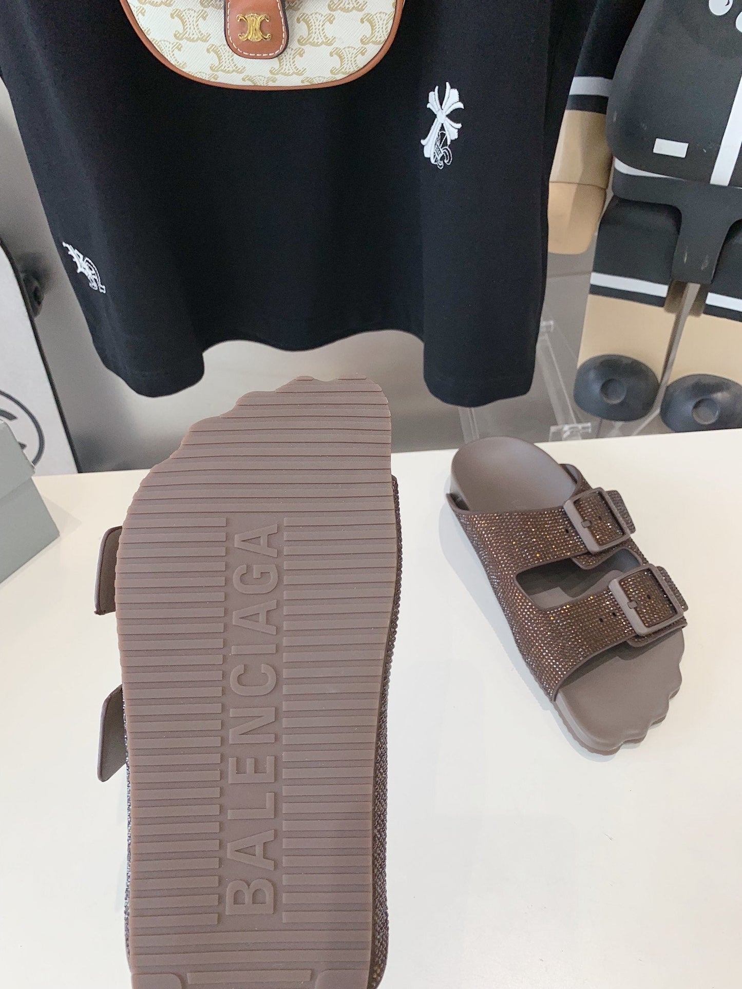 Balanciaga BIRKENSTOCK SLIPPERS ATTACHED RHINESTONES IN BROWN CALFSKIN