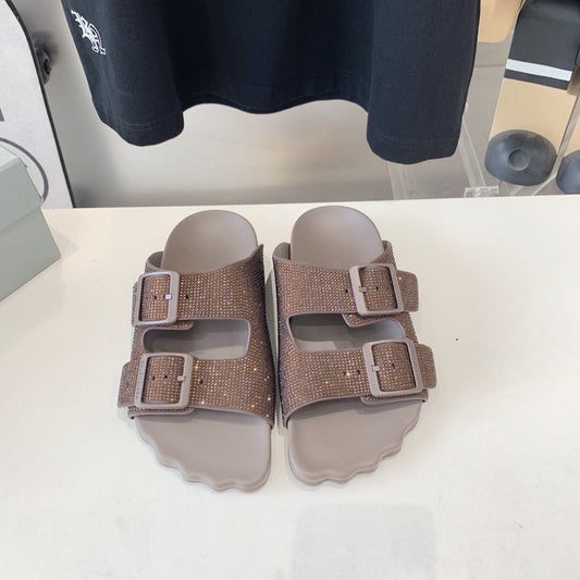 Balanciaga BIRKENSTOCK SLIPPERS ATTACHED RHINESTONES IN BROWN CALFSKIN