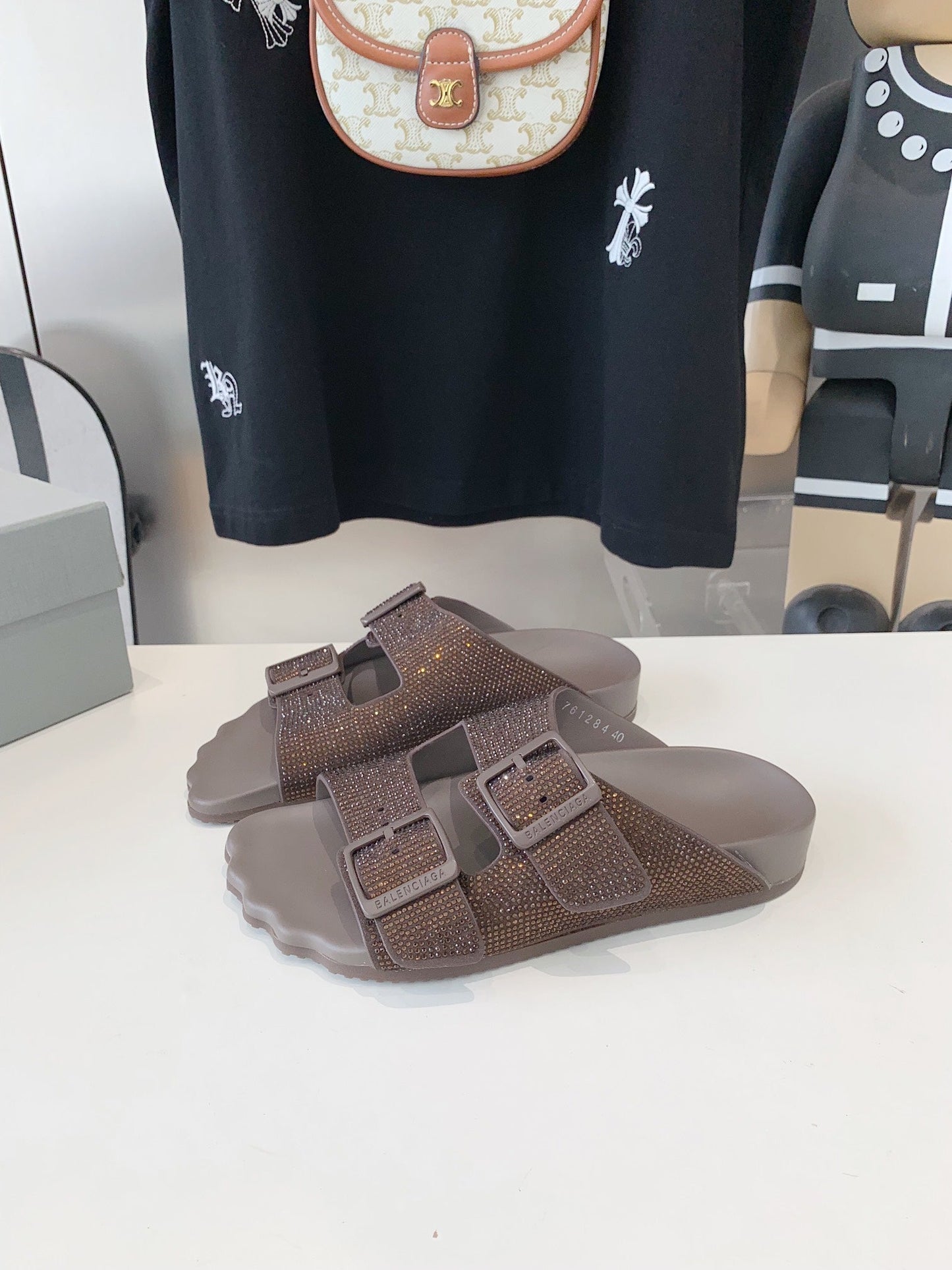 Balanciaga BIRKENSTOCK SLIPPERS ATTACHED RHINESTONES IN BROWN CALFSKIN