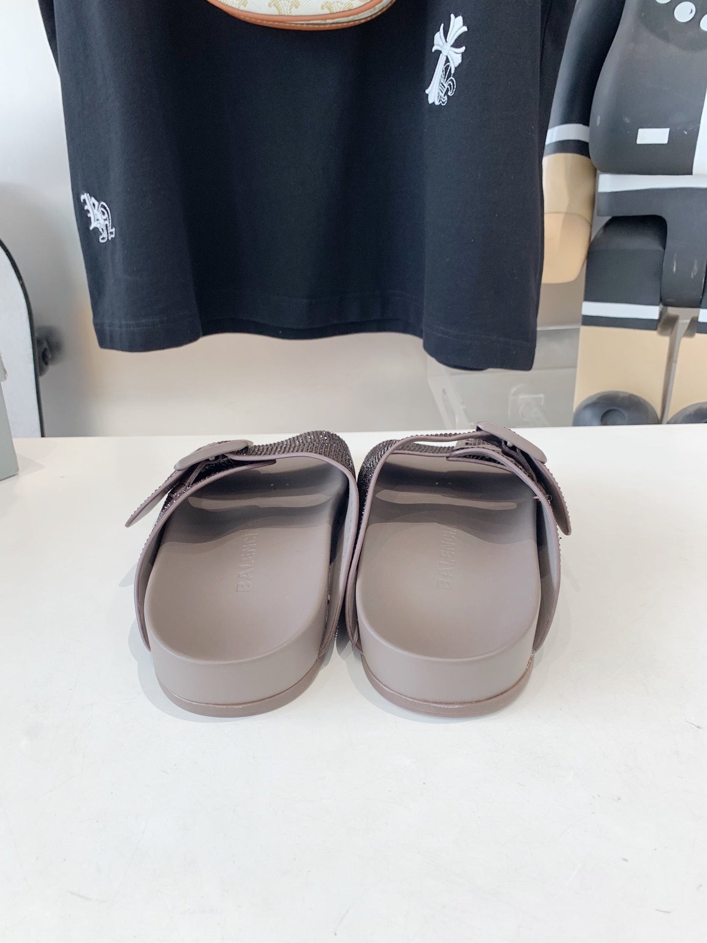 Balanciaga BIRKENSTOCK SLIPPERS ATTACHED RHINESTONES IN BROWN CALFSKIN