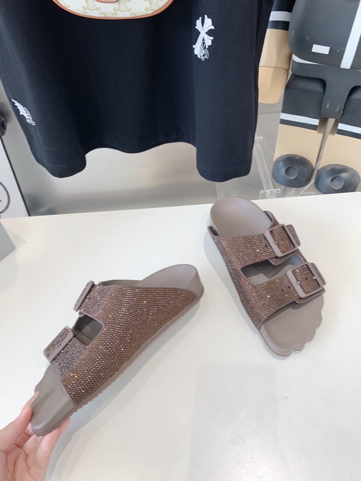 Balanciaga BIRKENSTOCK SLIPPERS ATTACHED RHINESTONES IN BROWN CALFSKIN