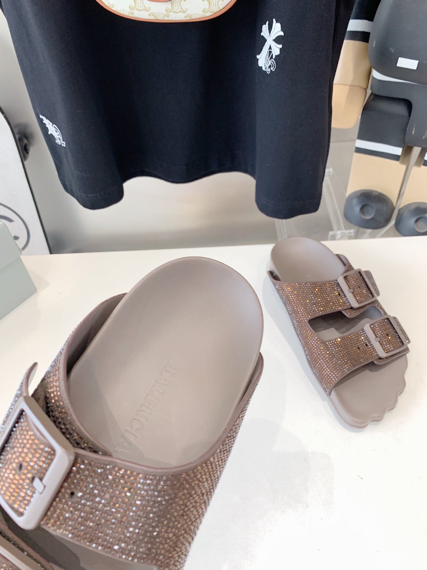 Balanciaga BIRKENSTOCK SLIPPERS ATTACHED RHINESTONES IN BROWN CALFSKIN