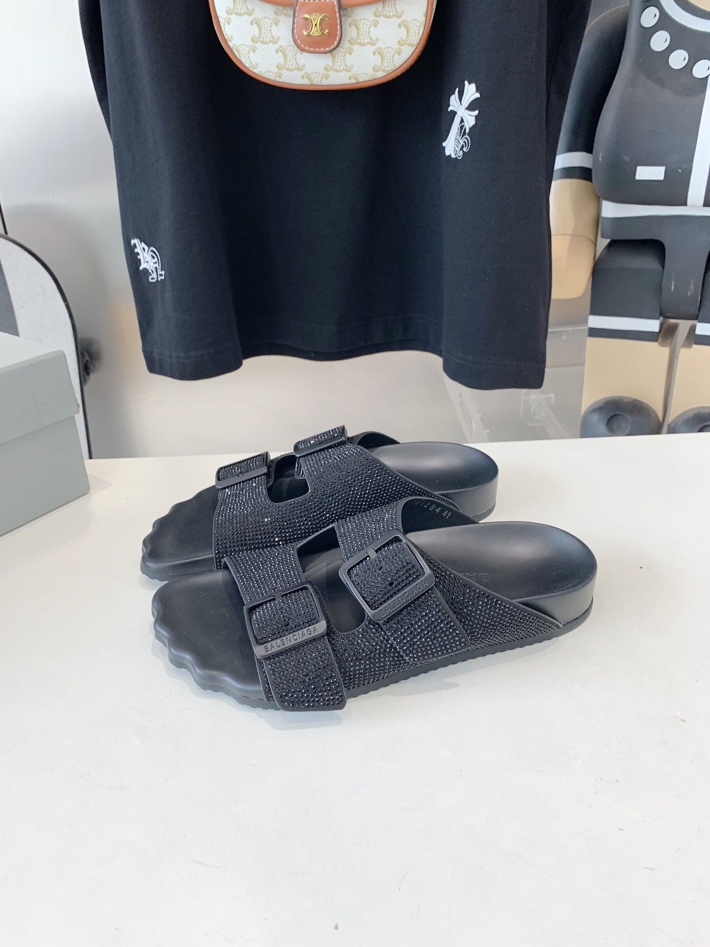 Balanciaga BIRKENSTOCK SLIPPERS ATTACHED RHINESTONES IN BLACK CALFSKIN