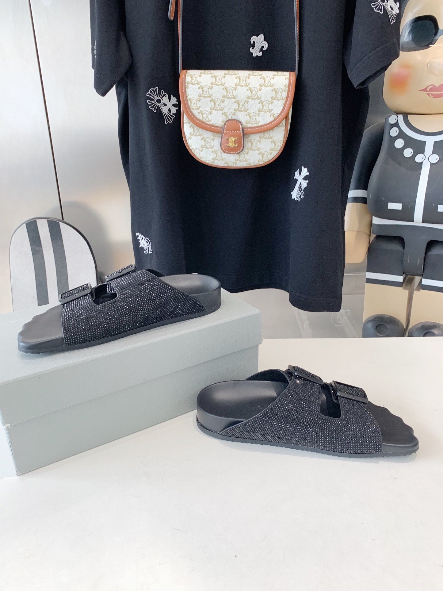 Balanciaga BIRKENSTOCK SLIPPERS ATTACHED RHINESTONES IN BLACK CALFSKIN