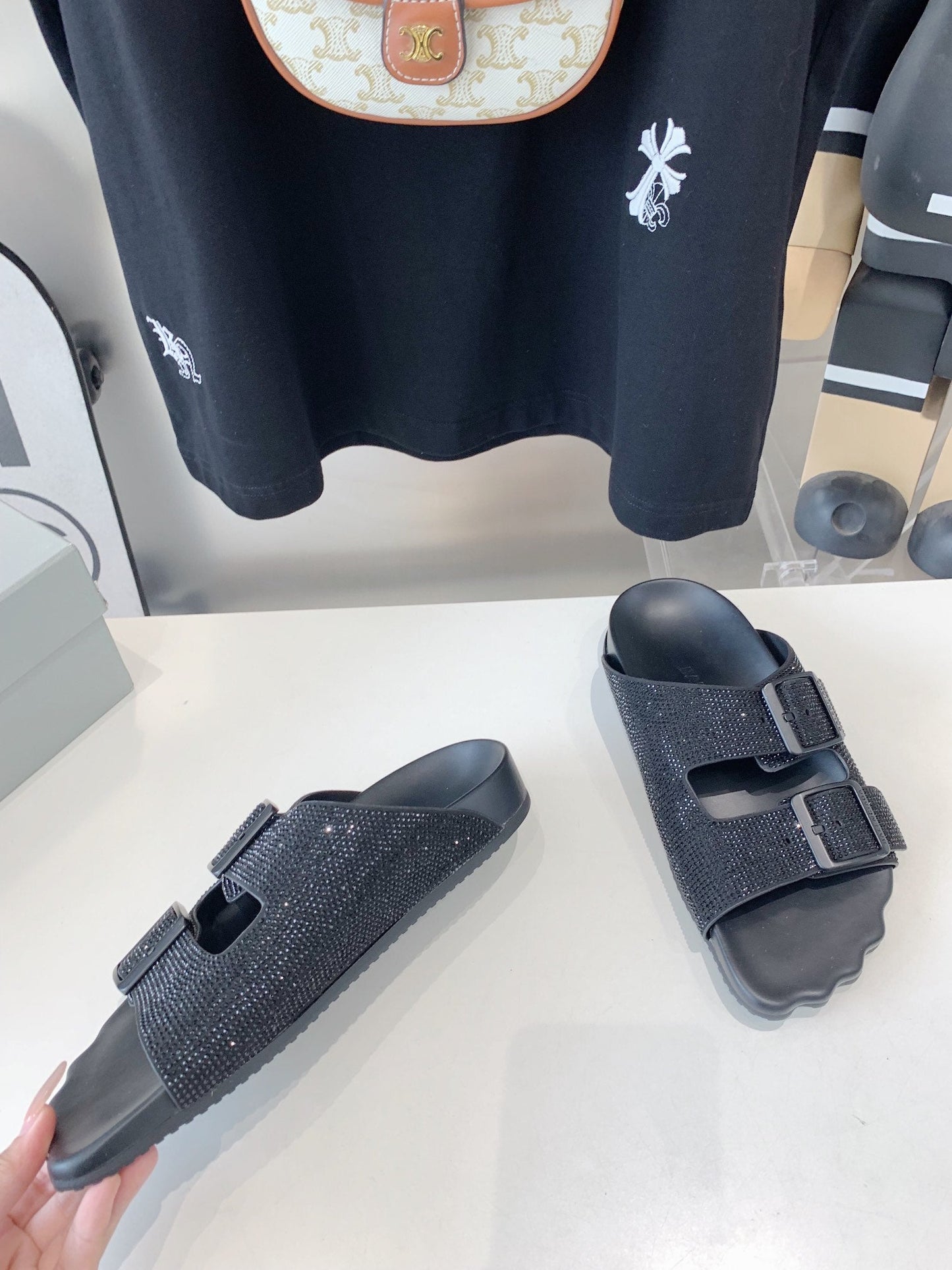 Balanciaga BIRKENSTOCK SLIPPERS ATTACHED RHINESTONES IN BLACK CALFSKIN