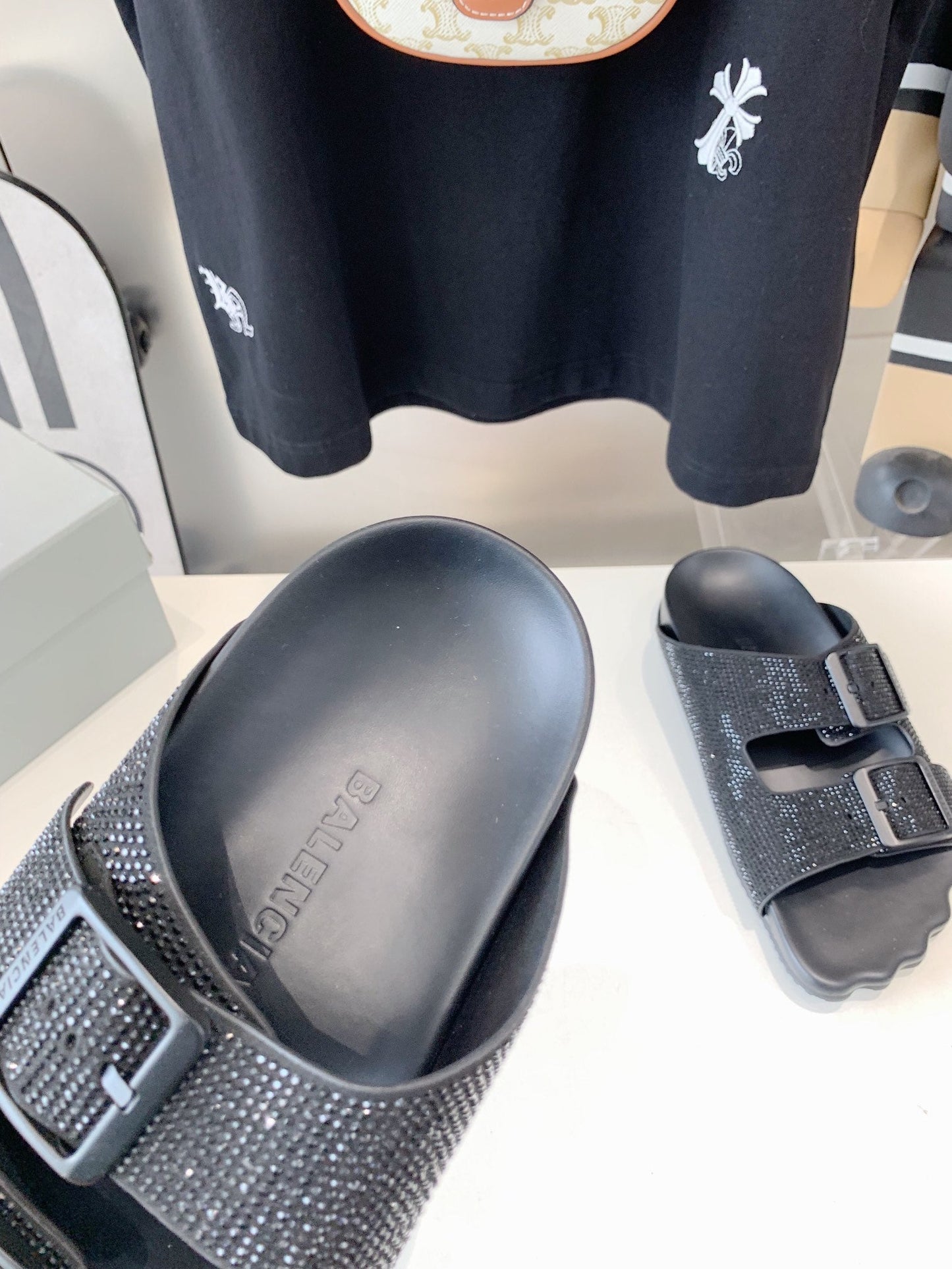 Balanciaga BIRKENSTOCK SLIPPERS ATTACHED RHINESTONES IN BLACK CALFSKIN