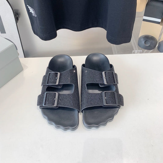 Balanciaga BIRKENSTOCK SLIPPERS ATTACHED RHINESTONES IN BLACK CALFSKIN