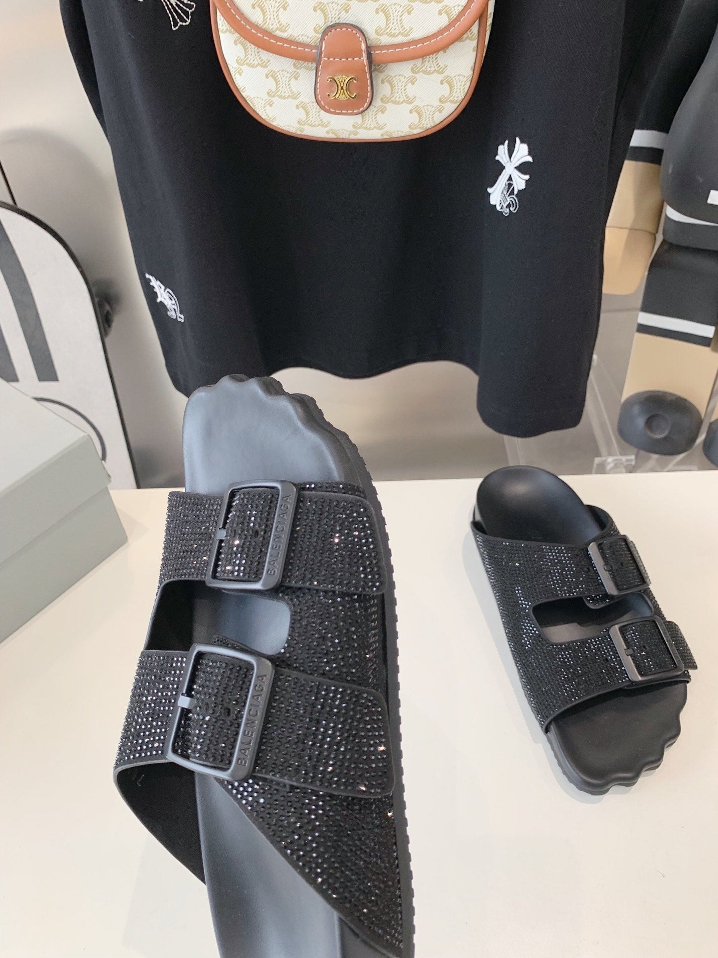 Balanciaga BIRKENSTOCK SLIPPERS ATTACHED RHINESTONES IN BLACK CALFSKIN