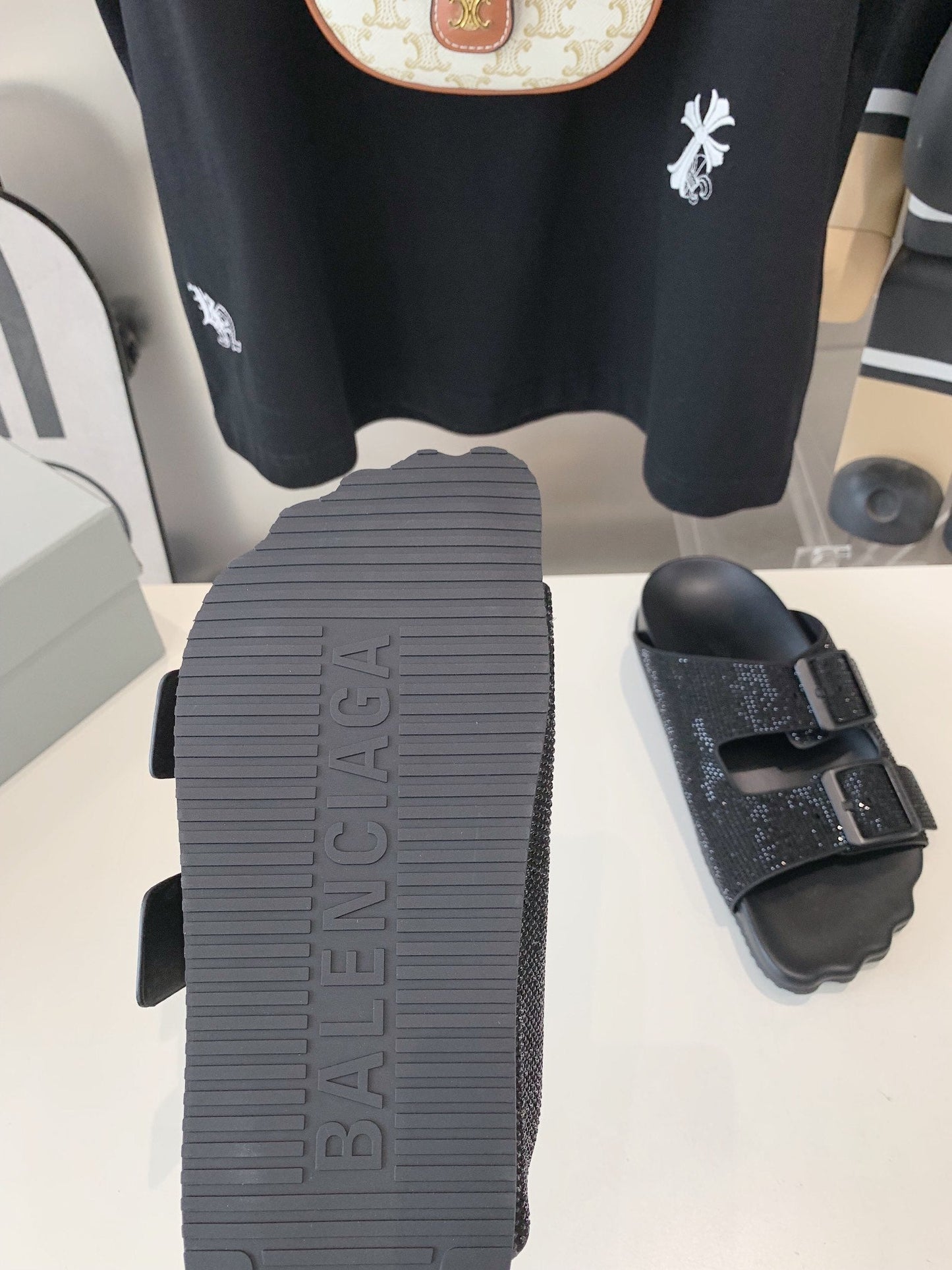 Balanciaga BIRKENSTOCK SLIPPERS ATTACHED RHINESTONES IN BLACK CALFSKIN