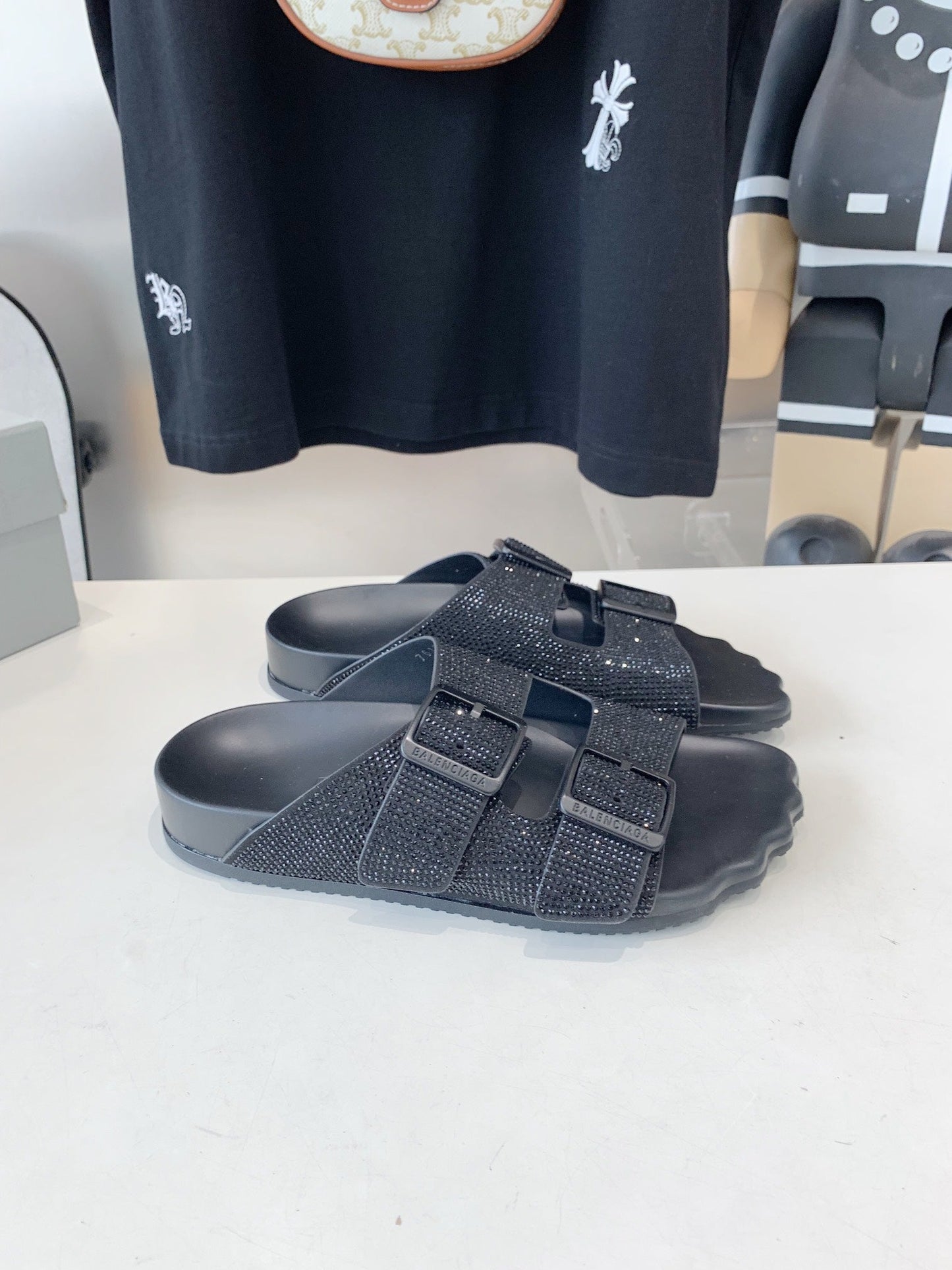 Balanciaga BIRKENSTOCK SLIPPERS ATTACHED RHINESTONES IN BLACK CALFSKIN