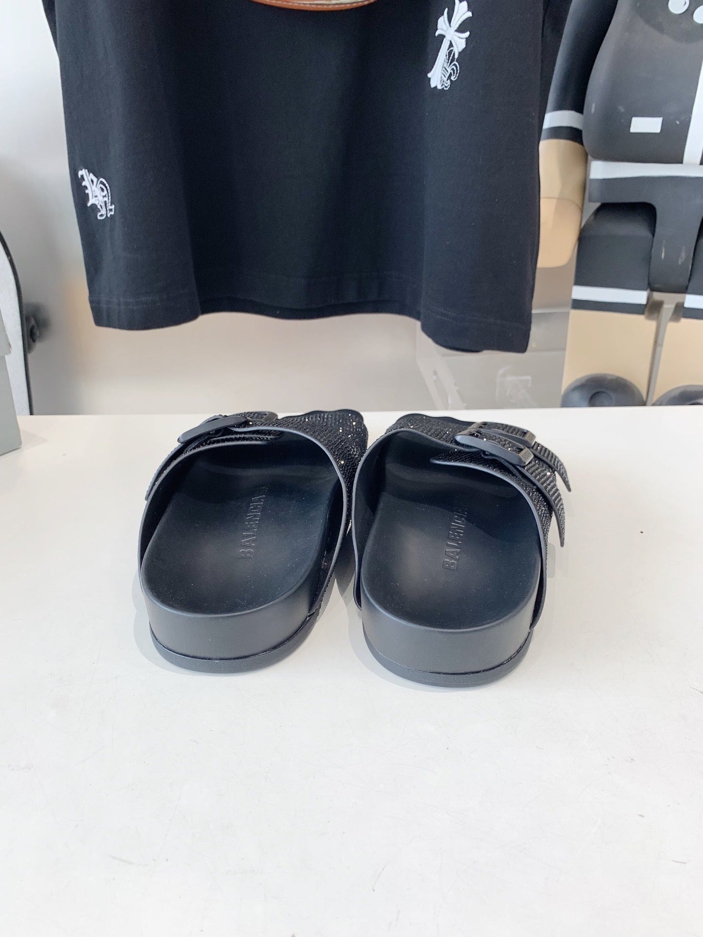 Balanciaga BIRKENSTOCK SLIPPERS ATTACHED RHINESTONES IN BLACK CALFSKIN