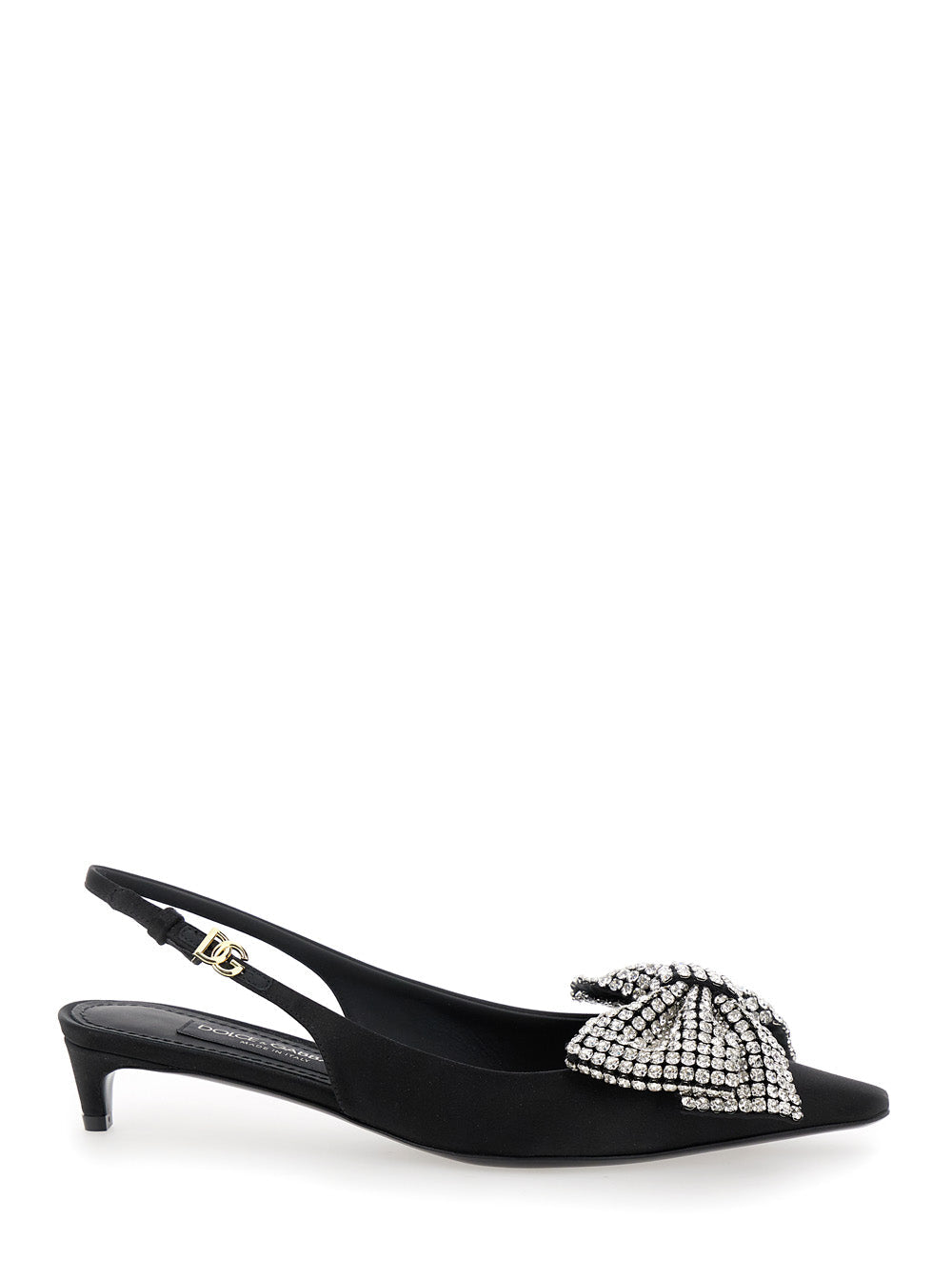 Dolce & Gabbana Women Black Slingback Pumps With Rhinestone Bow Detail In Silk Blend Woman