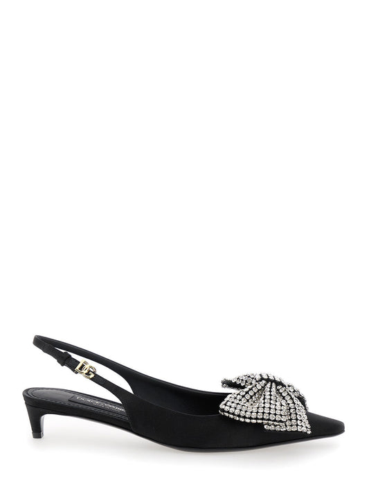 Dolce & Gabbana Women Black Slingback Pumps With Rhinestone Bow Detail In Silk Blend Woman