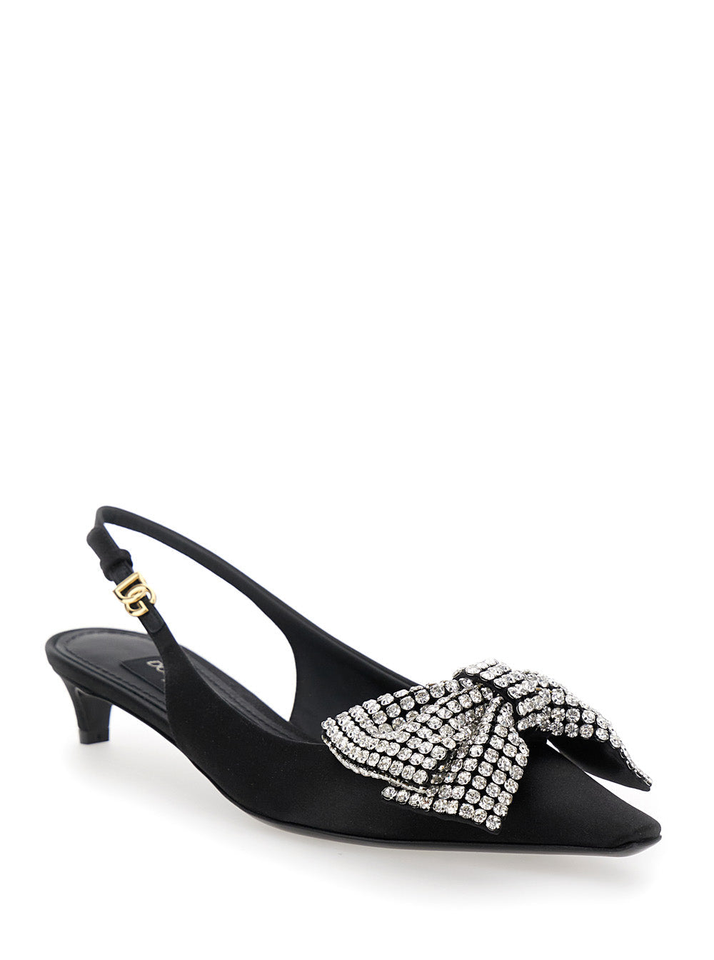 Dolce & Gabbana Women Black Slingback Pumps With Rhinestone Bow Detail In Silk Blend Woman