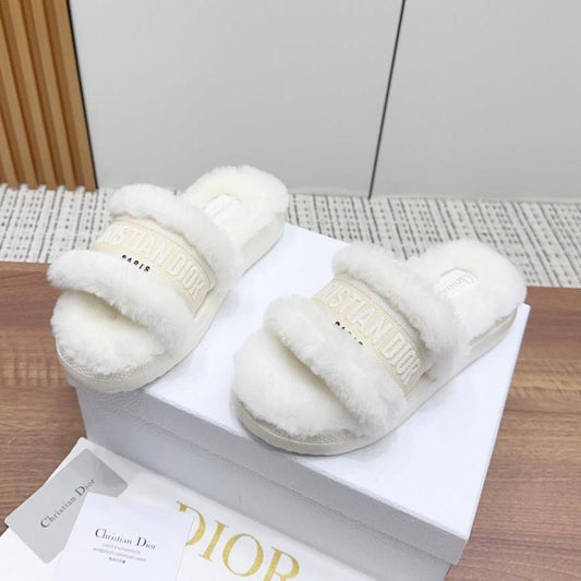 DIOR Dway Slide White Light Beige Fleece Lining And Canvas Fabric