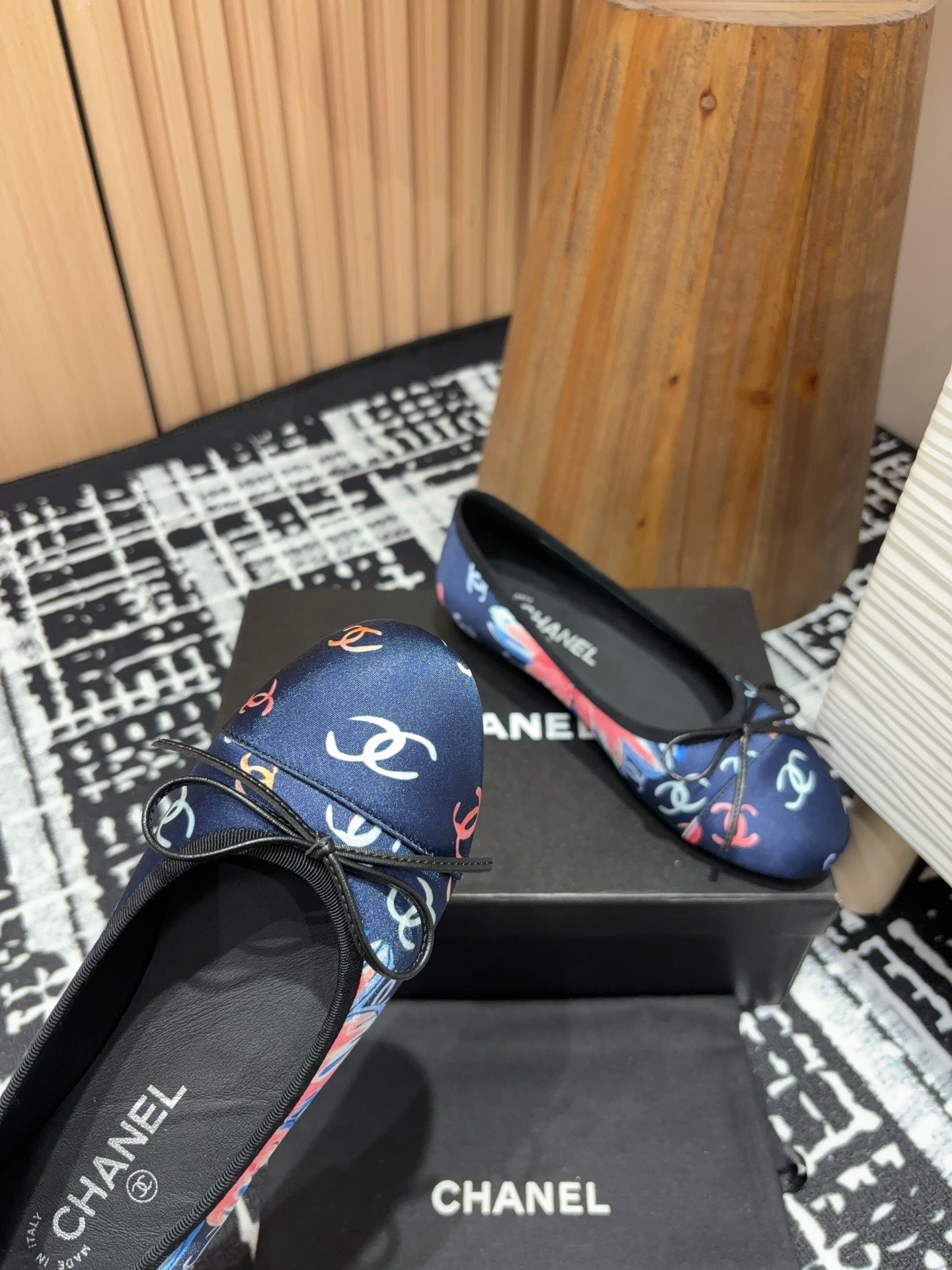 CHANEL Ballet Flats Dark Blue Silk Flowers And Lambskin