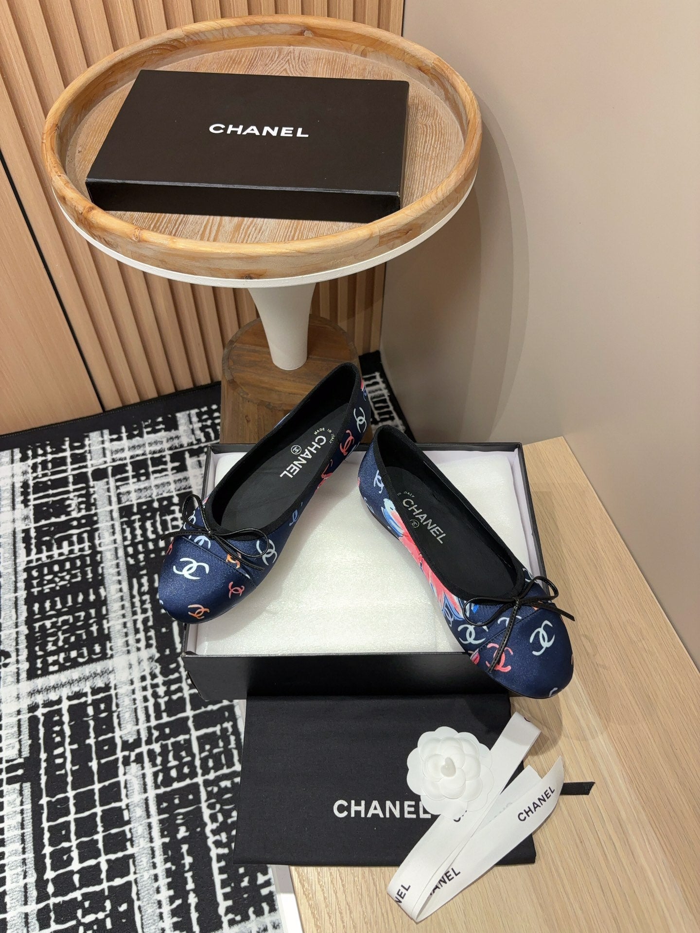 CHANEL Ballet Flats Dark Blue Silk Flowers And Lambskin