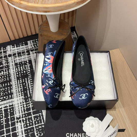 CHANEL Ballet Flats Dark Blue Silk Flowers And Lambskin