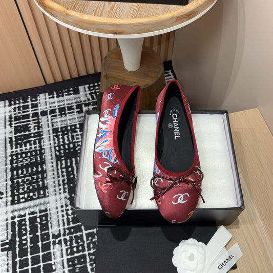 CHANEL Ballet Flats Red Silk Flowers And Lambskin