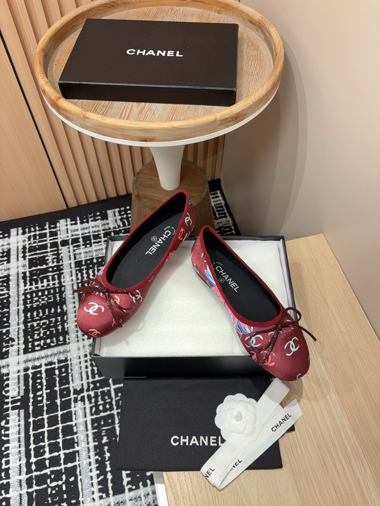 CHANEL Ballet Flats Red Silk Flowers And Lambskin