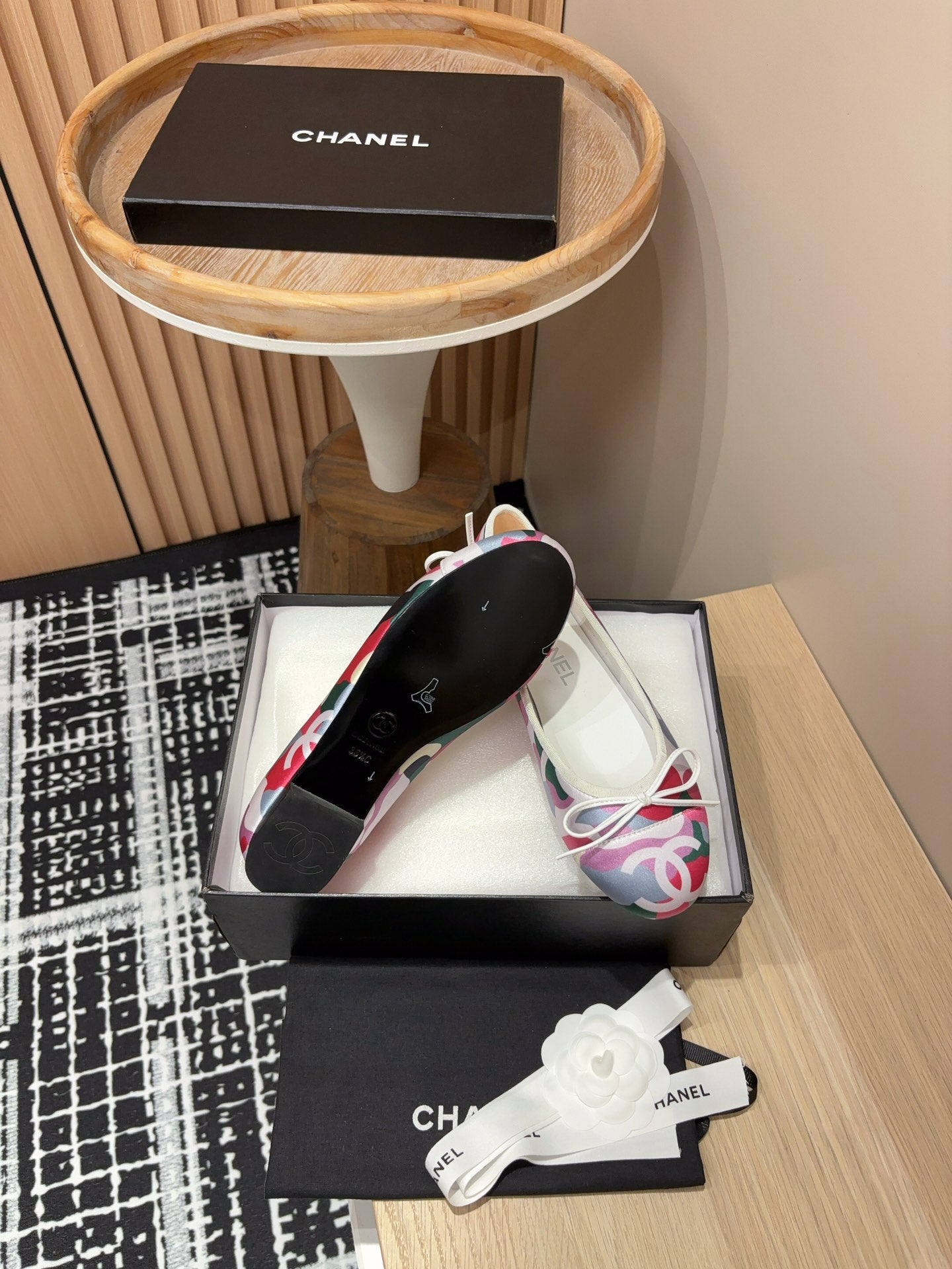 CHANEL Ballet Flats White Pink Mix Blue Black Silk And Lambskin