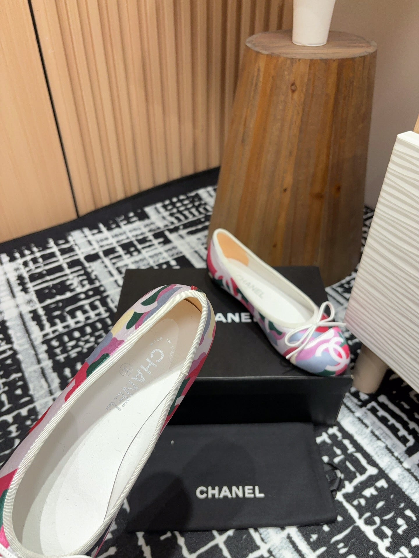 CHANEL Ballet Flats White Pink Mix Blue Black Silk And Lambskin