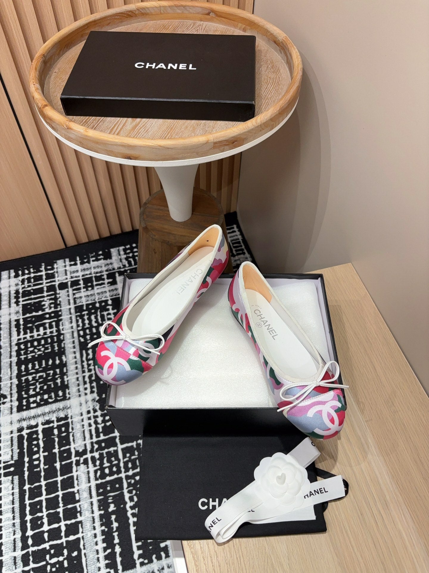 CHANEL Ballet Flats White Pink Mix Blue Black Silk And Lambskin