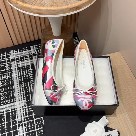 CHANEL Ballet Flats White Pink Mix Blue Black Silk And Lambskin