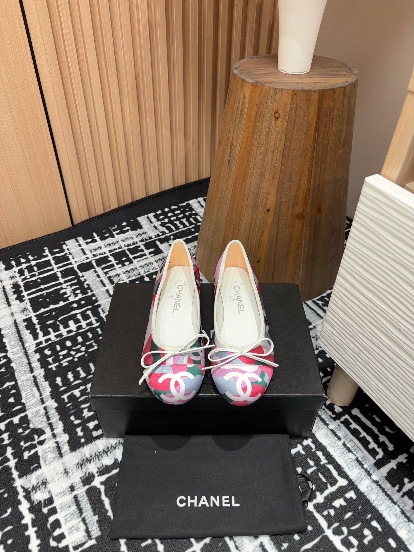 CHANEL Ballet Flats White Pink Mix Blue Black Silk And Lambskin