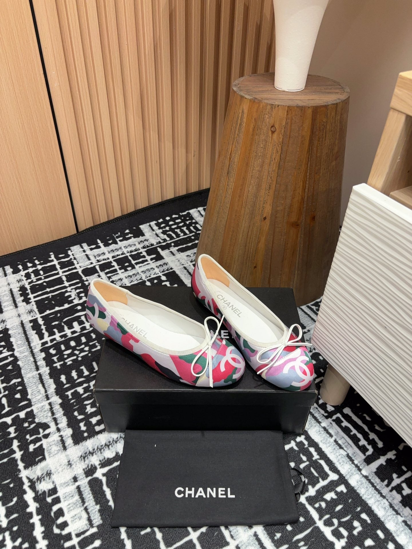 CHANEL Ballet Flats White Pink Mix Blue Black Silk And Lambskin