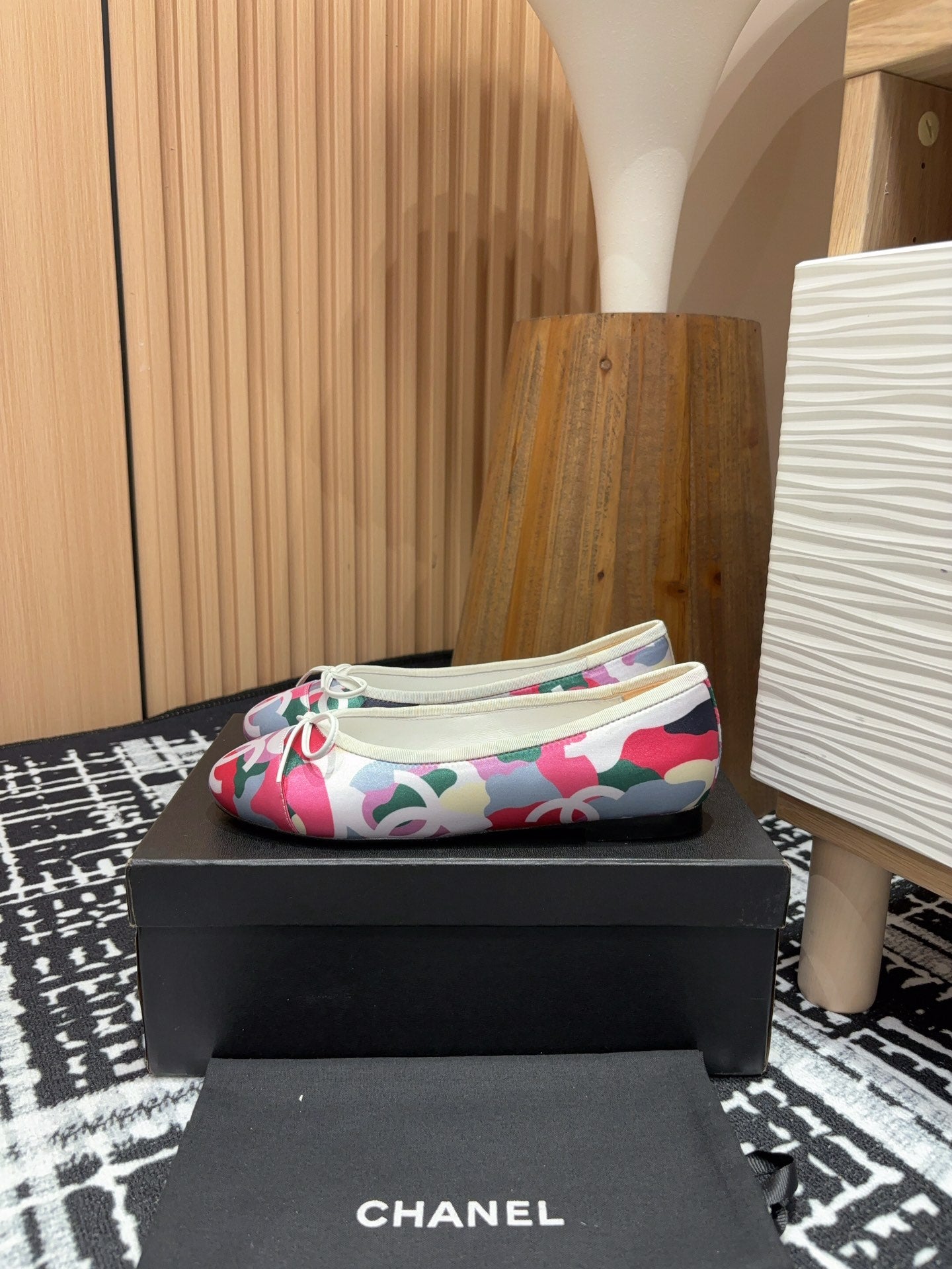 CHANEL Ballet Flats White Pink Mix Blue Black Silk And Lambskin