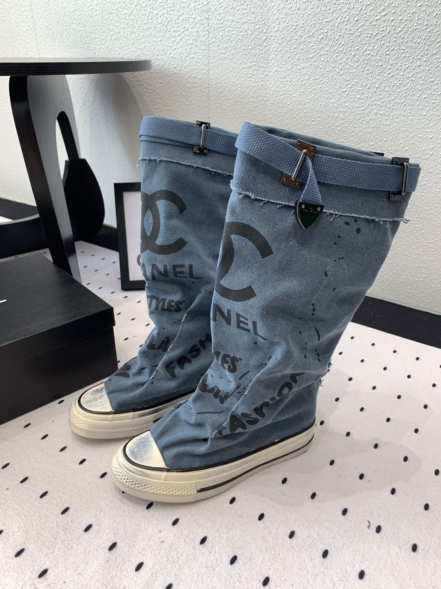 CHANEL High-Top Canvas Boots Blue Black Denim Fabric  938049