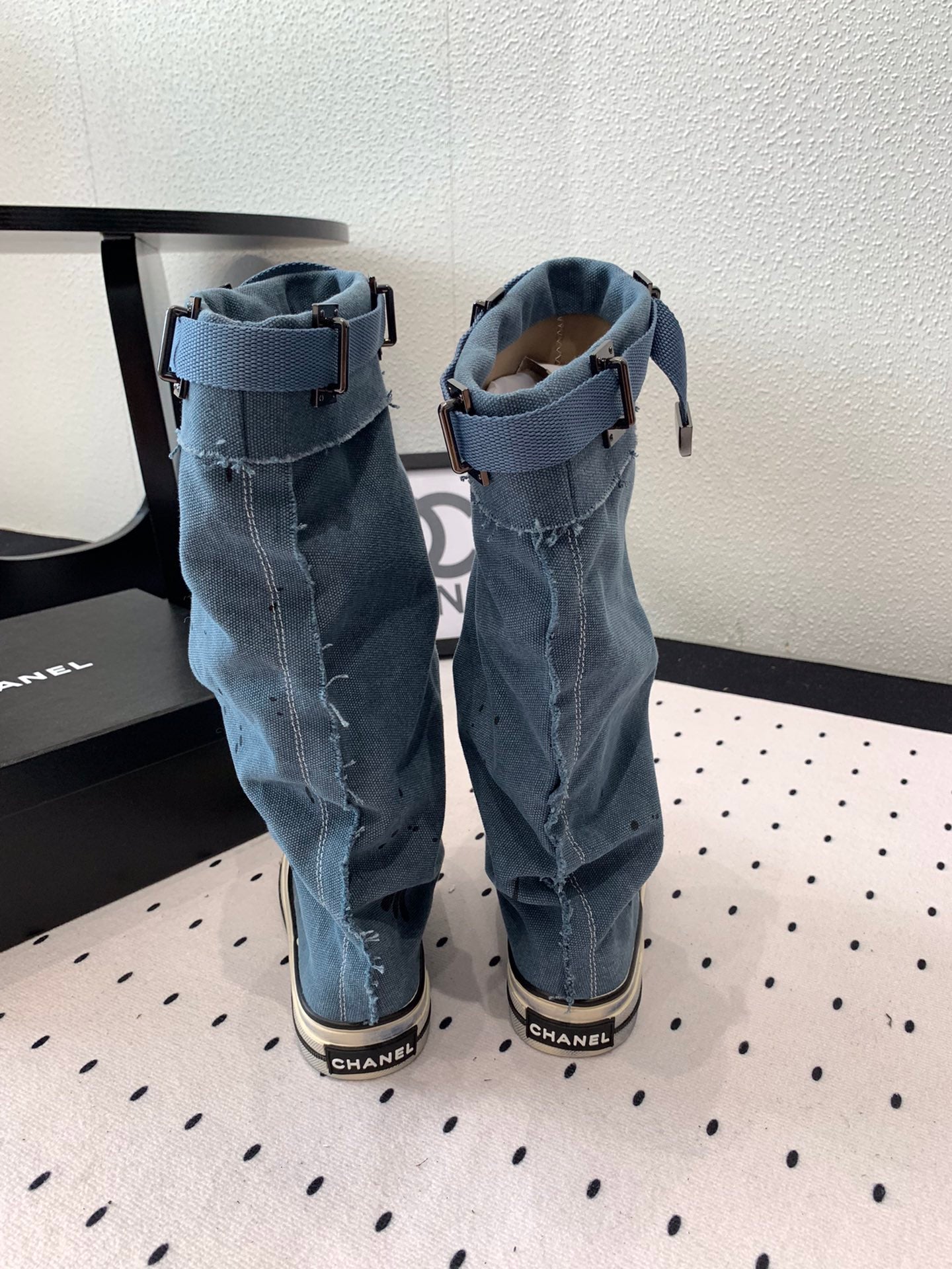CHANEL High-Top Canvas Boots Blue Black Denim Fabric  938049