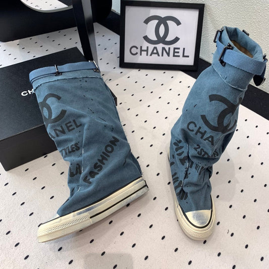 CHANEL High-Top Canvas Boots Blue Black Denim Fabric  938049