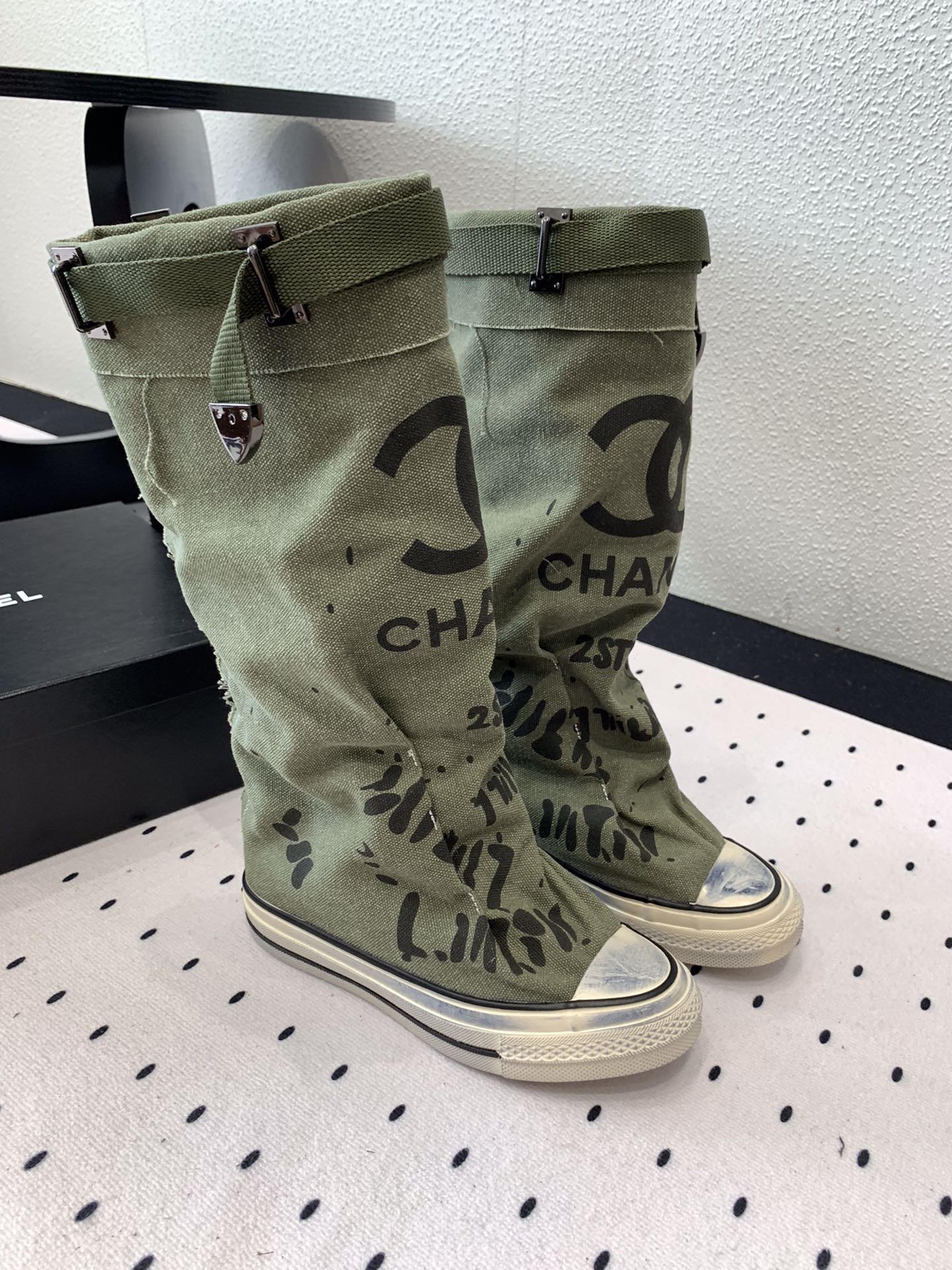 CHANEL High-Top Canvas Boots Khaki Green Black Denim Fabric 938051