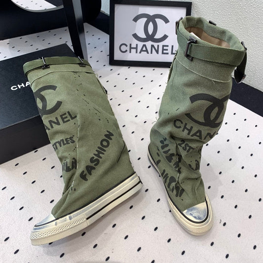 CHANEL High-Top Canvas Boots Khaki Green Black Denim Fabric 938051