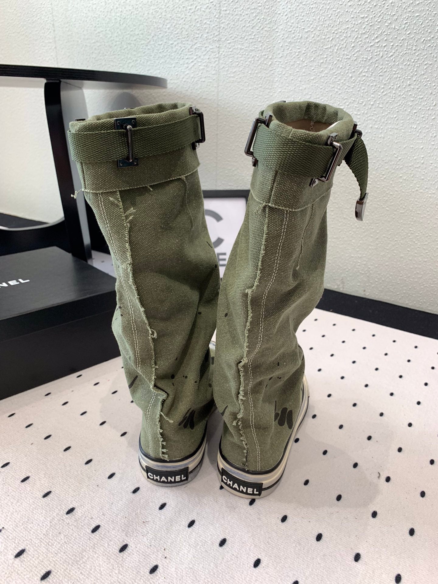 CHANEL High-Top Canvas Boots Khaki Green Black Denim Fabric 938051