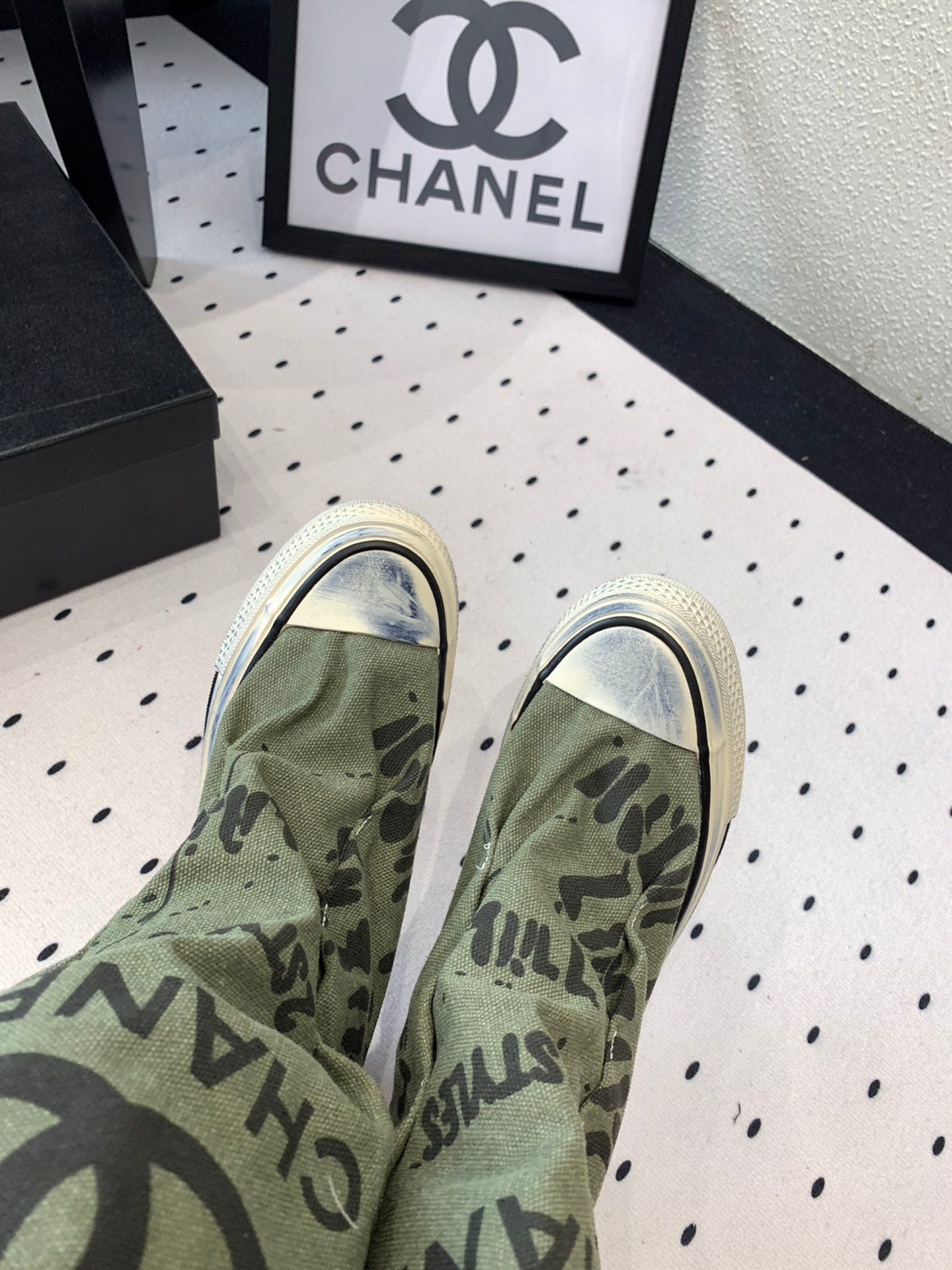 CHANEL High-Top Canvas Boots Khaki Green Black Denim Fabric 938051