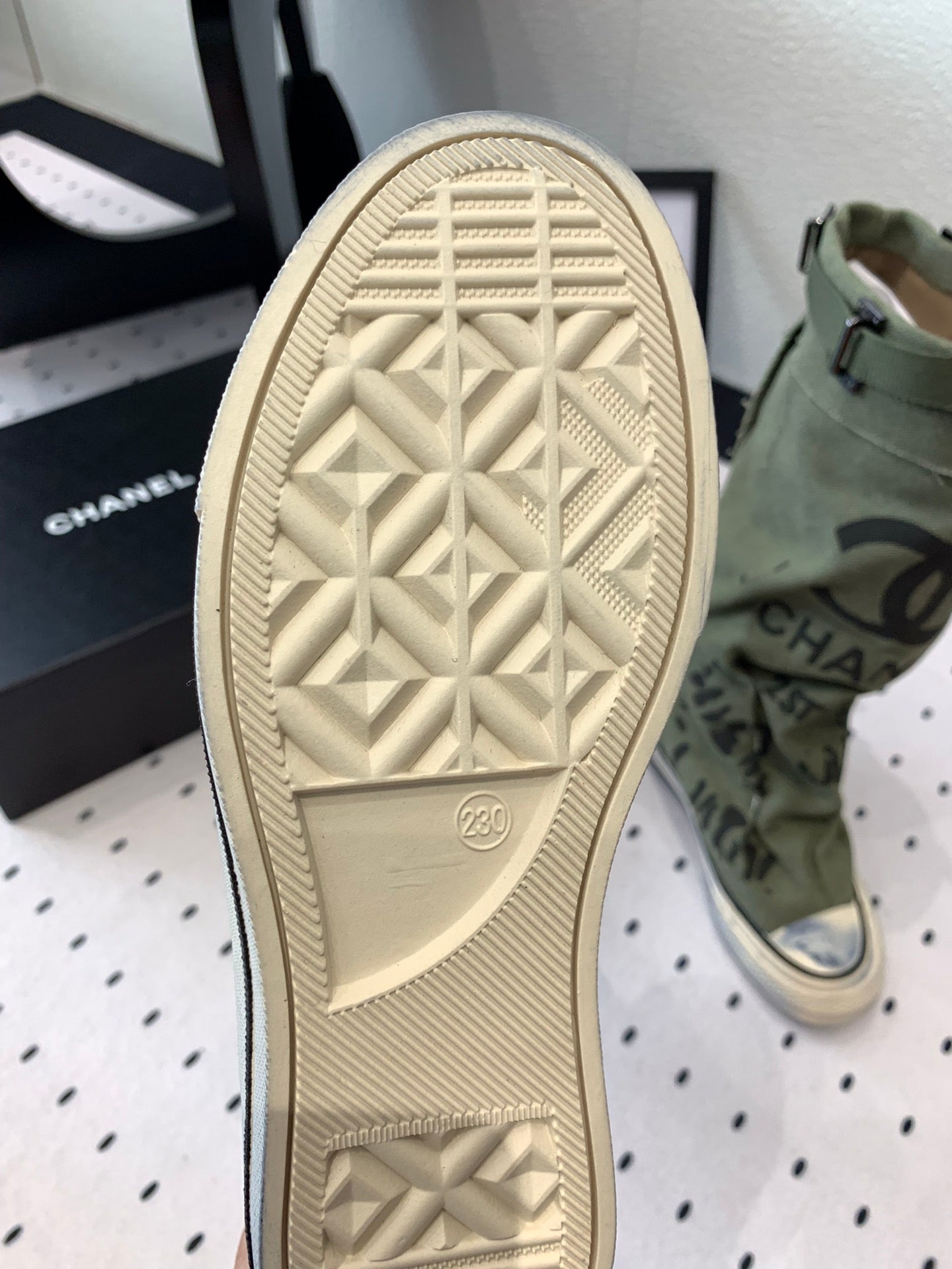 CHANEL High-Top Canvas Boots Khaki Green Black Denim Fabric 938051