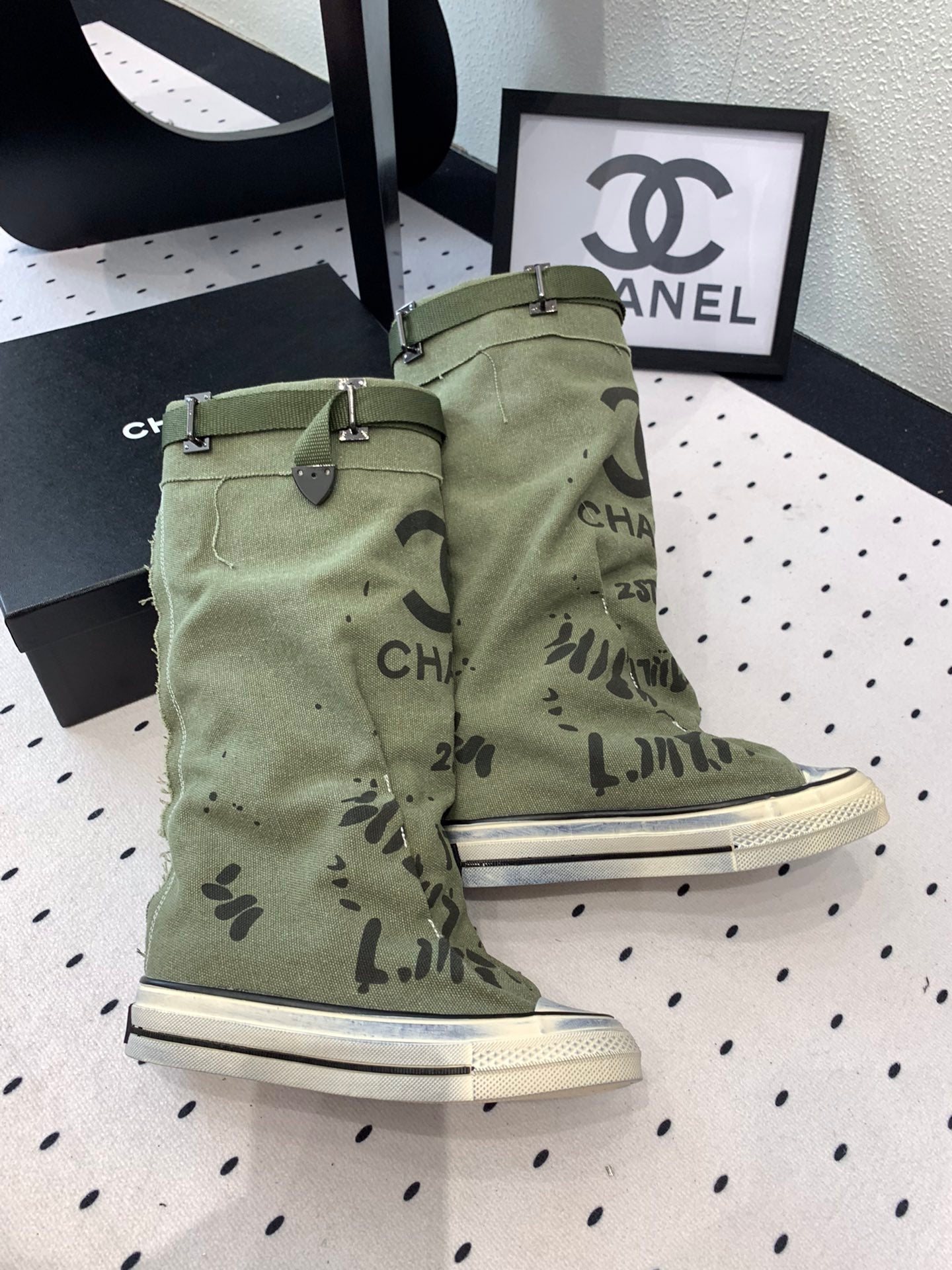 CHANEL High-Top Canvas Boots Khaki Green Black Denim Fabric 938051