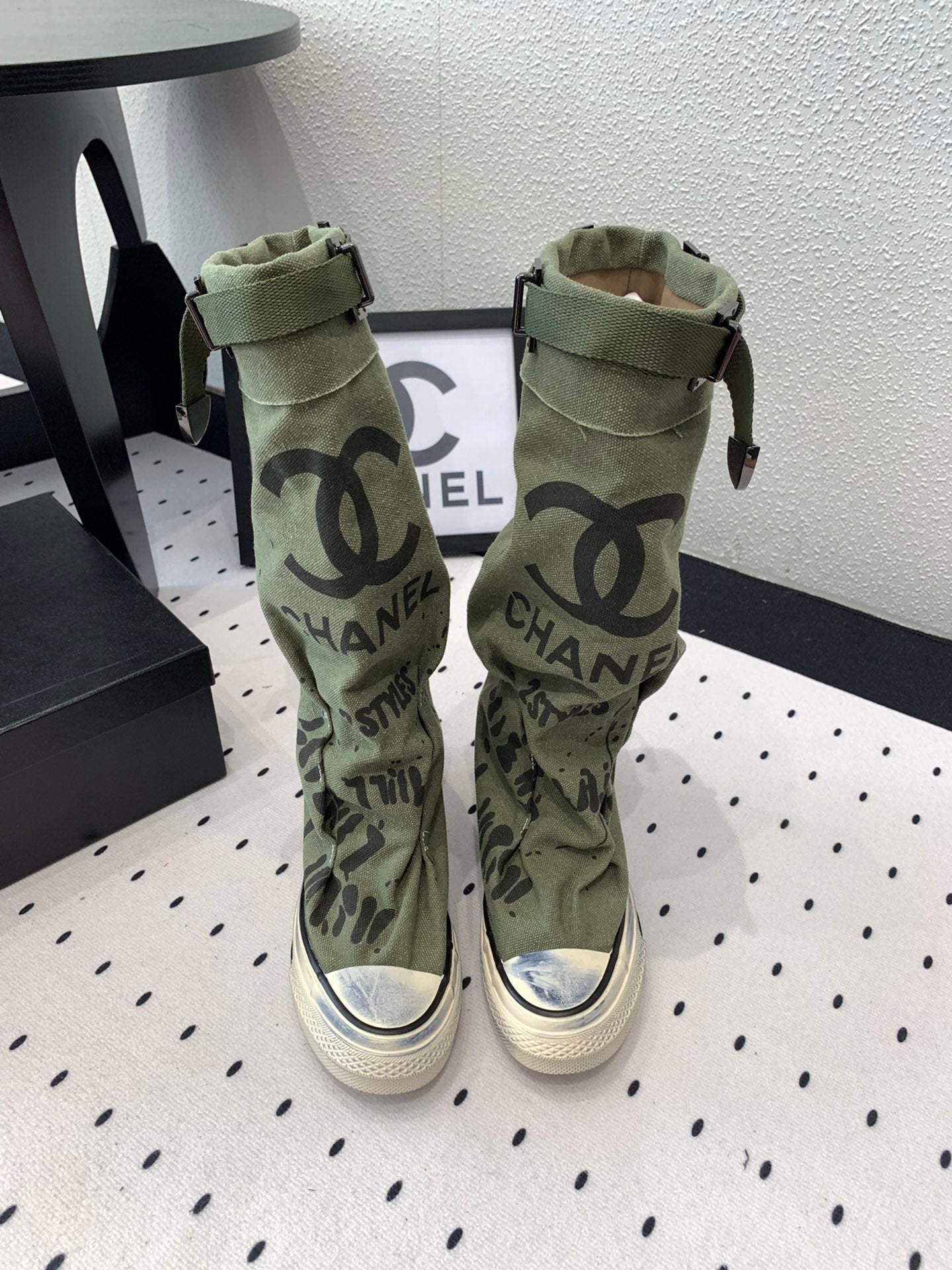 CHANEL High-Top Canvas Boots Khaki Green Black Denim Fabric 938051