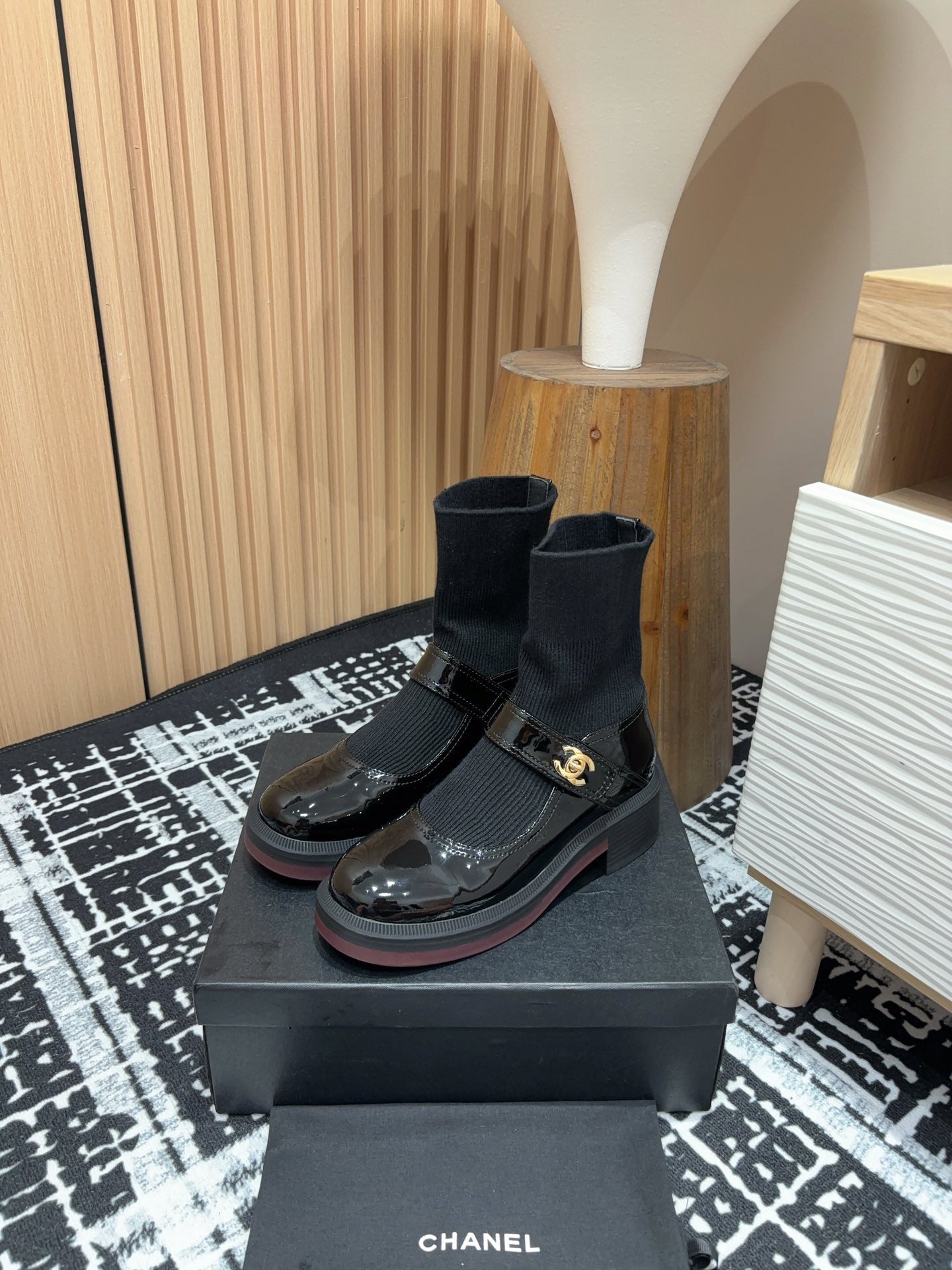 CHANEL Ankle Boots 50mm Black Wool And Cowhide