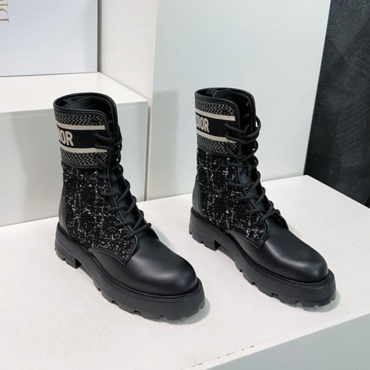 DIOR Major Ankle Boots Black White Calfskin And Fabric Canvas